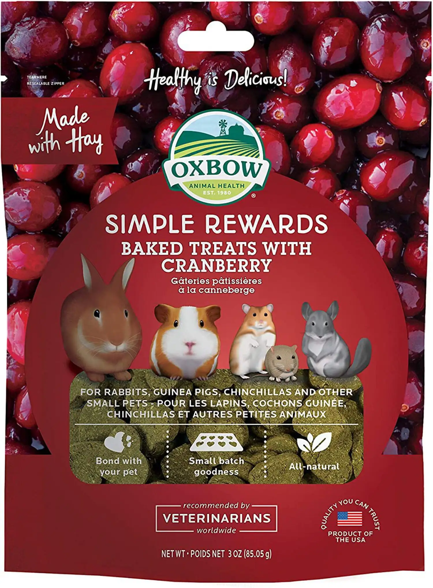 Oxbow Simple Rewards Baked Treats With Cranberry Small Pets 3oz.