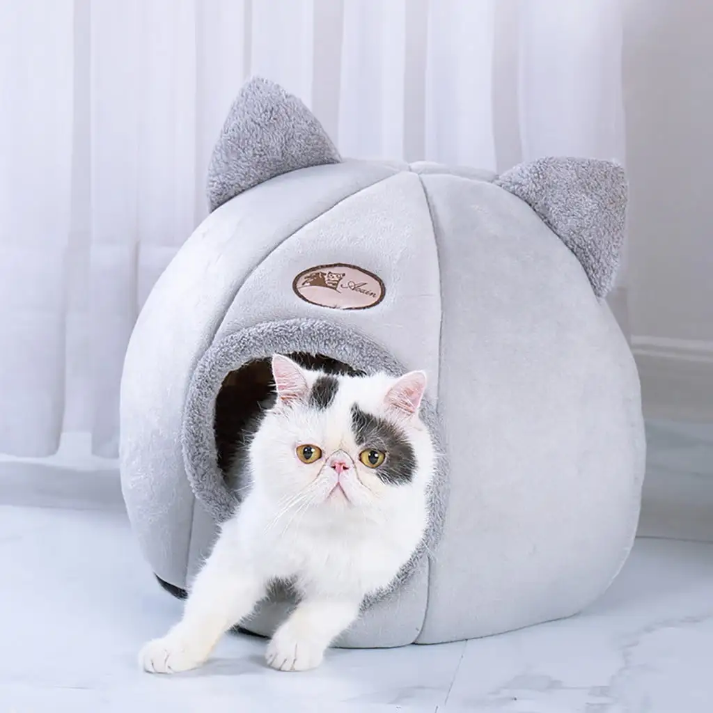 Oxodoi Cat Bed Pet Tent House for Small Dogs. Winter Indoor Washable Soft Warm Nest Foldable Sleeping Mat Pad. Round and Cave Shape Self Kennel Beds House with Cat Ear. 12.59 x12.59 x13.77inch