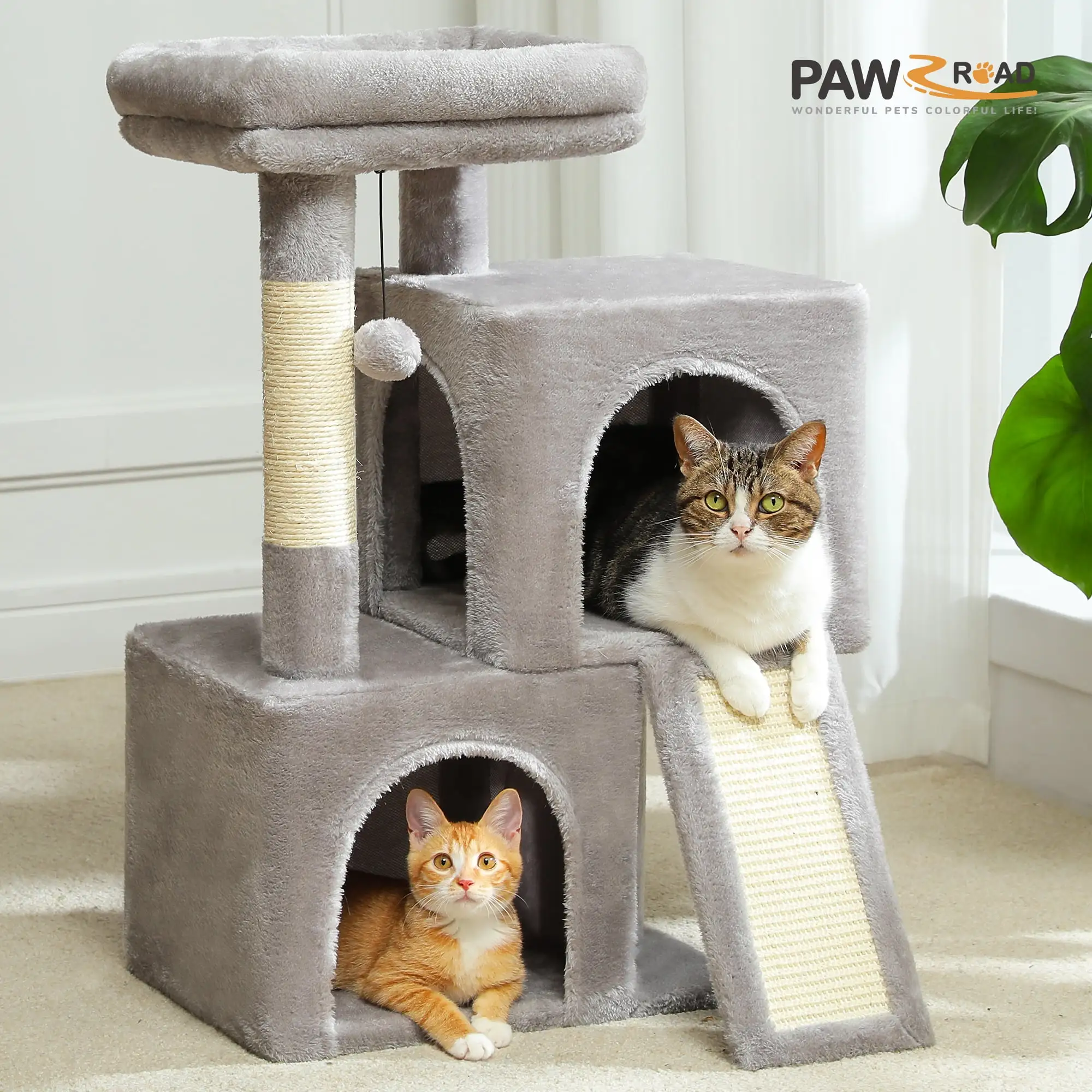 PAWZ Road 30 Cat Tree Condo with Sisal Cat Scratching Post Tower Ramp for Indoor Cats. Gray