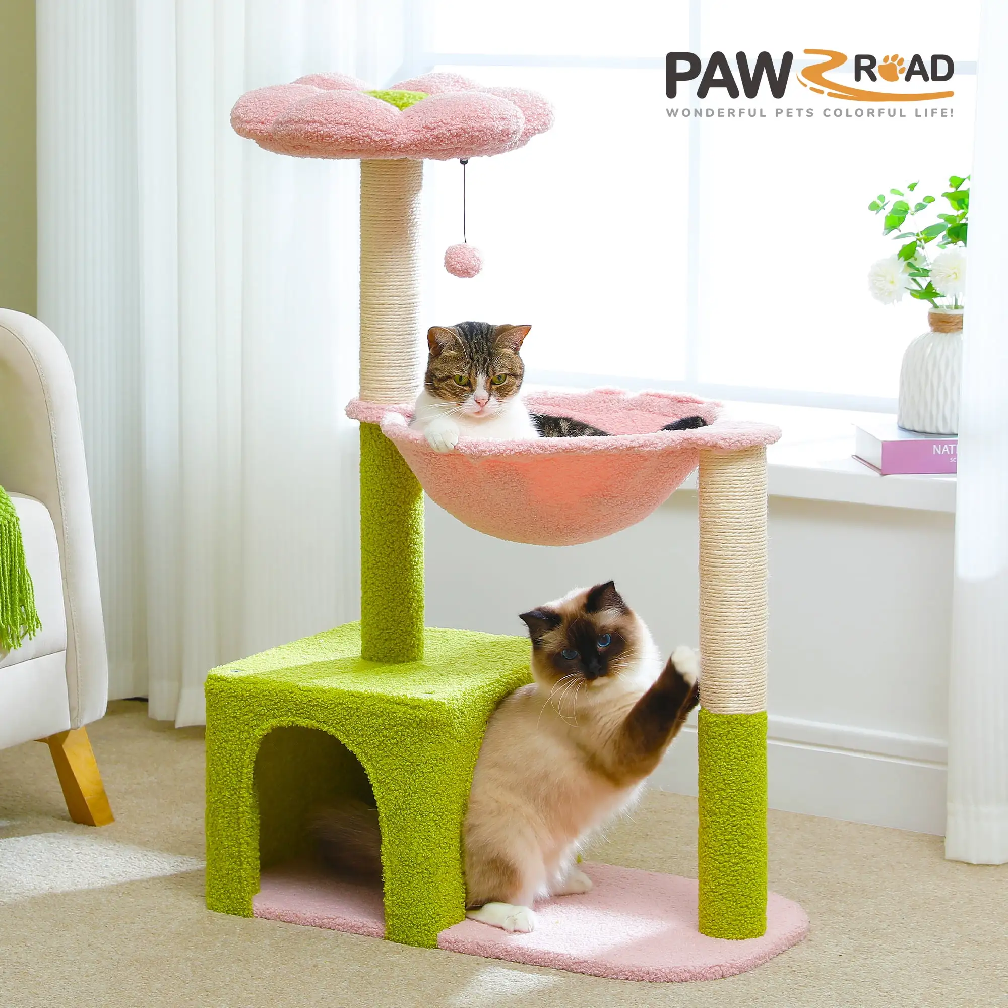 PAWZ Road 36.6 4-in-1 Flower Cat Tree Tower with Cute Perch Scratching Posts for Indoor Cats. Pink