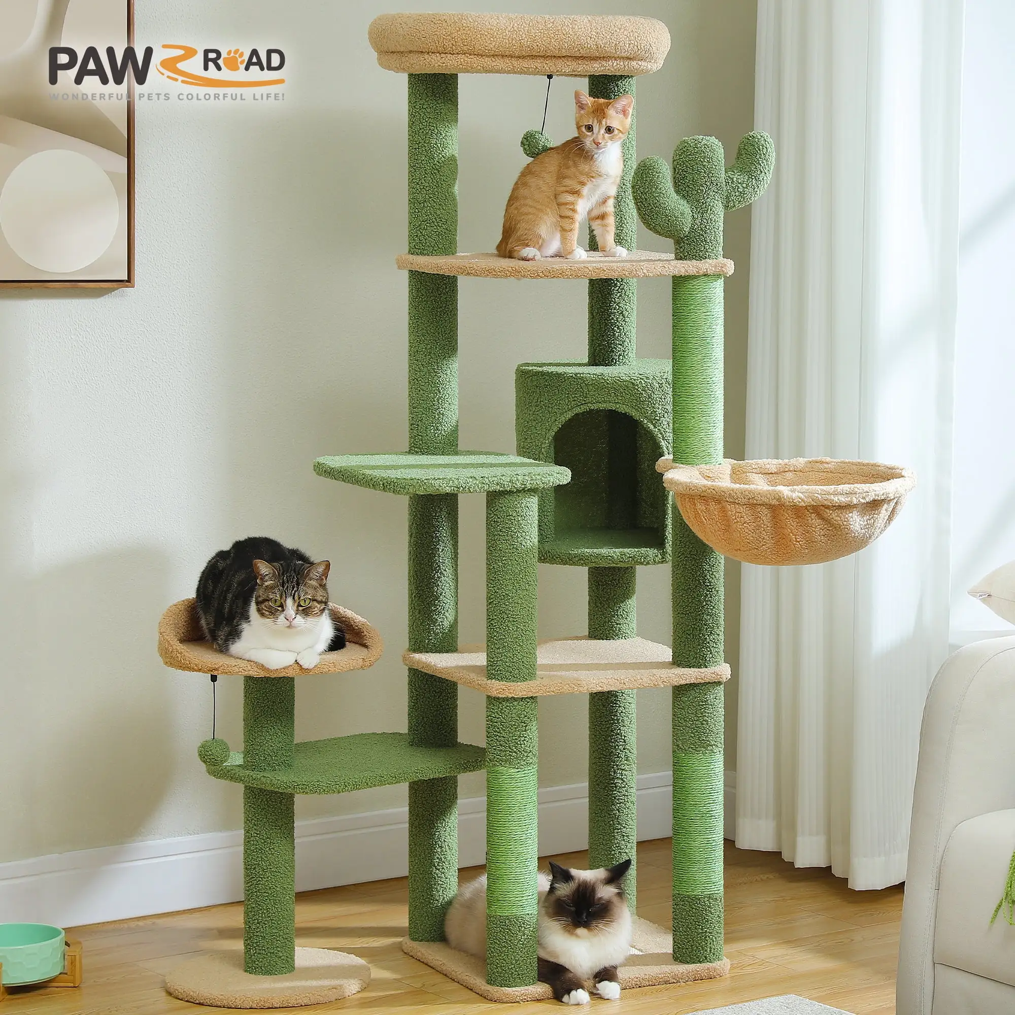 PAWZ Road 59 Cat Tree Cactus Cat Scratching Post Tower with Large Perch for Indoor Cats. Green