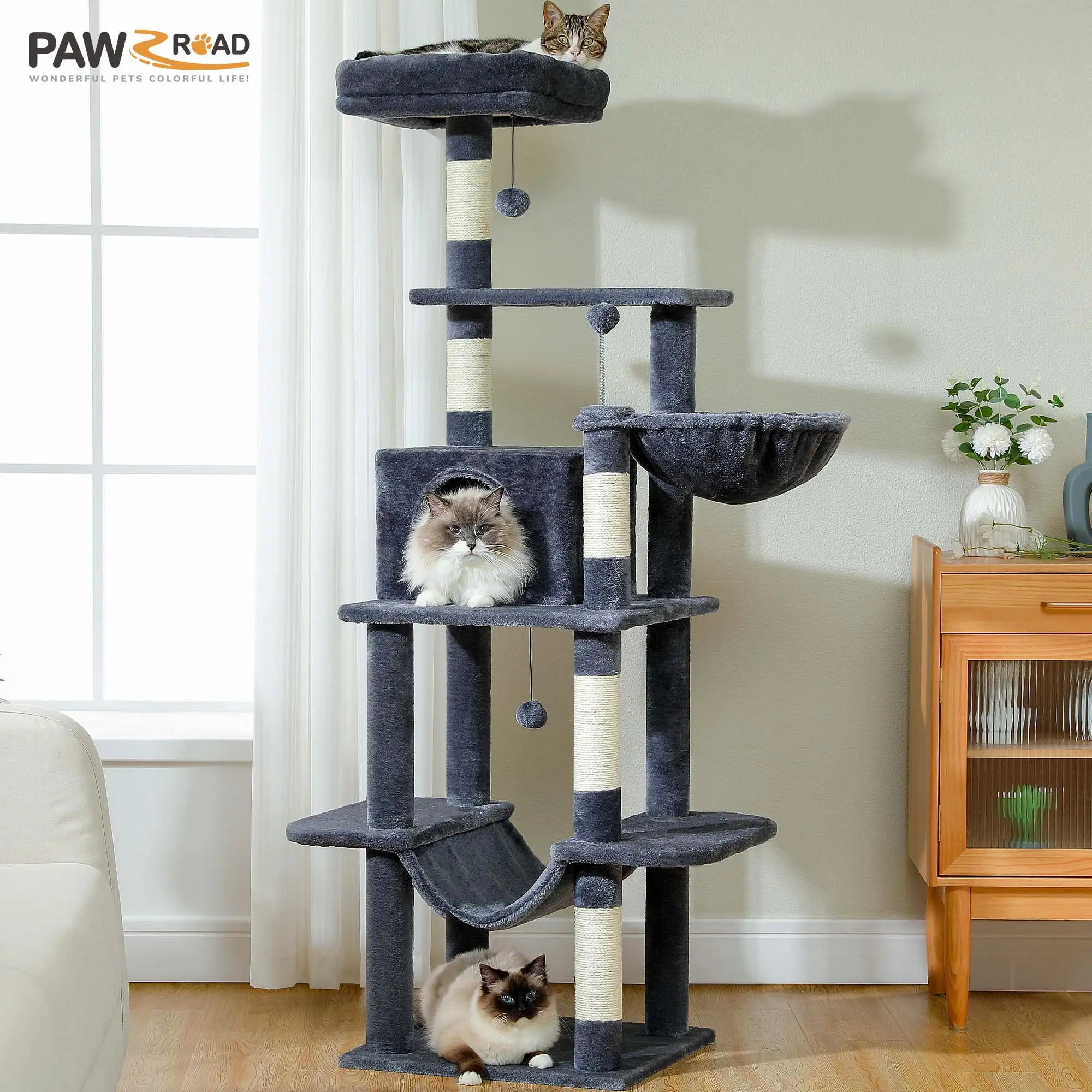 PAWZ Road 64 Cat Tree Condo 5-Tier Sisal Scratching Post Tower with Large Hammock Perch for Indoor Cats.Dark Gray