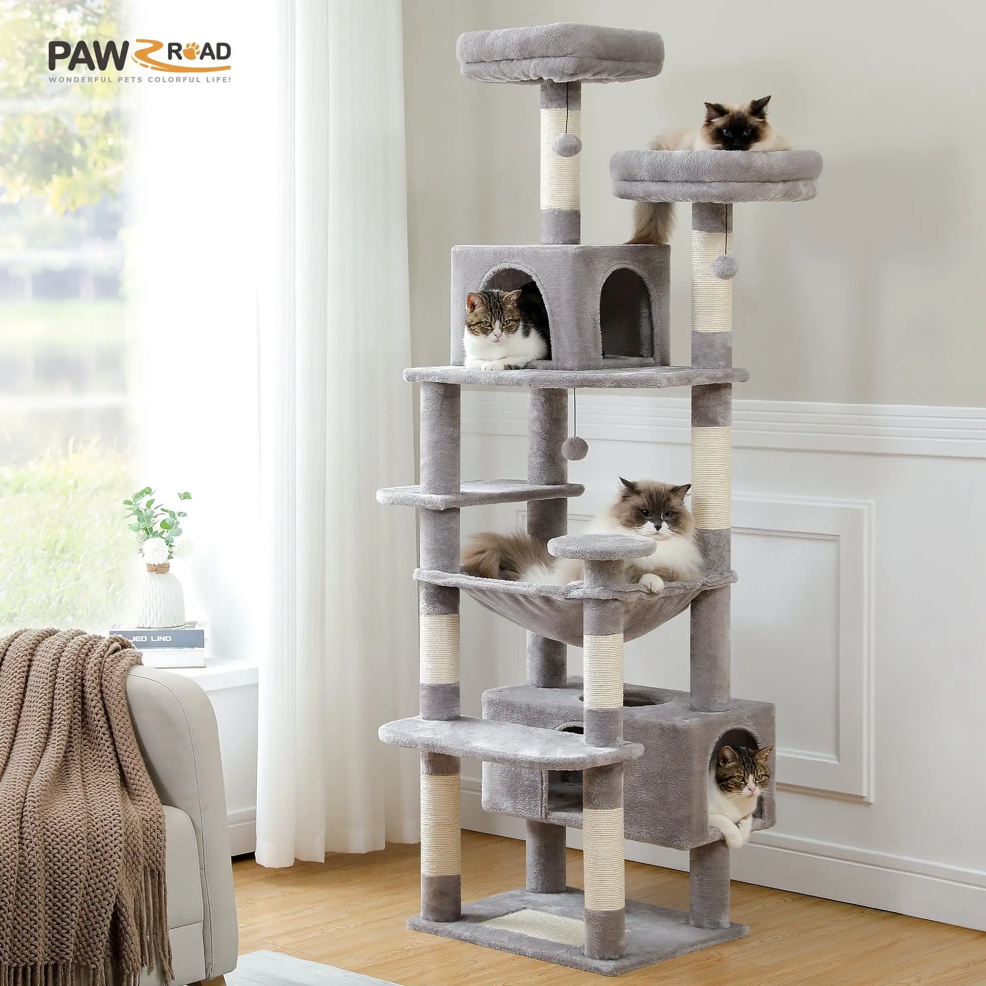 PAWZ Road 73Cat Tree for Large Cats Multi Level Play Tower Condo 7 Sisal Cat Scratching Posts Gray