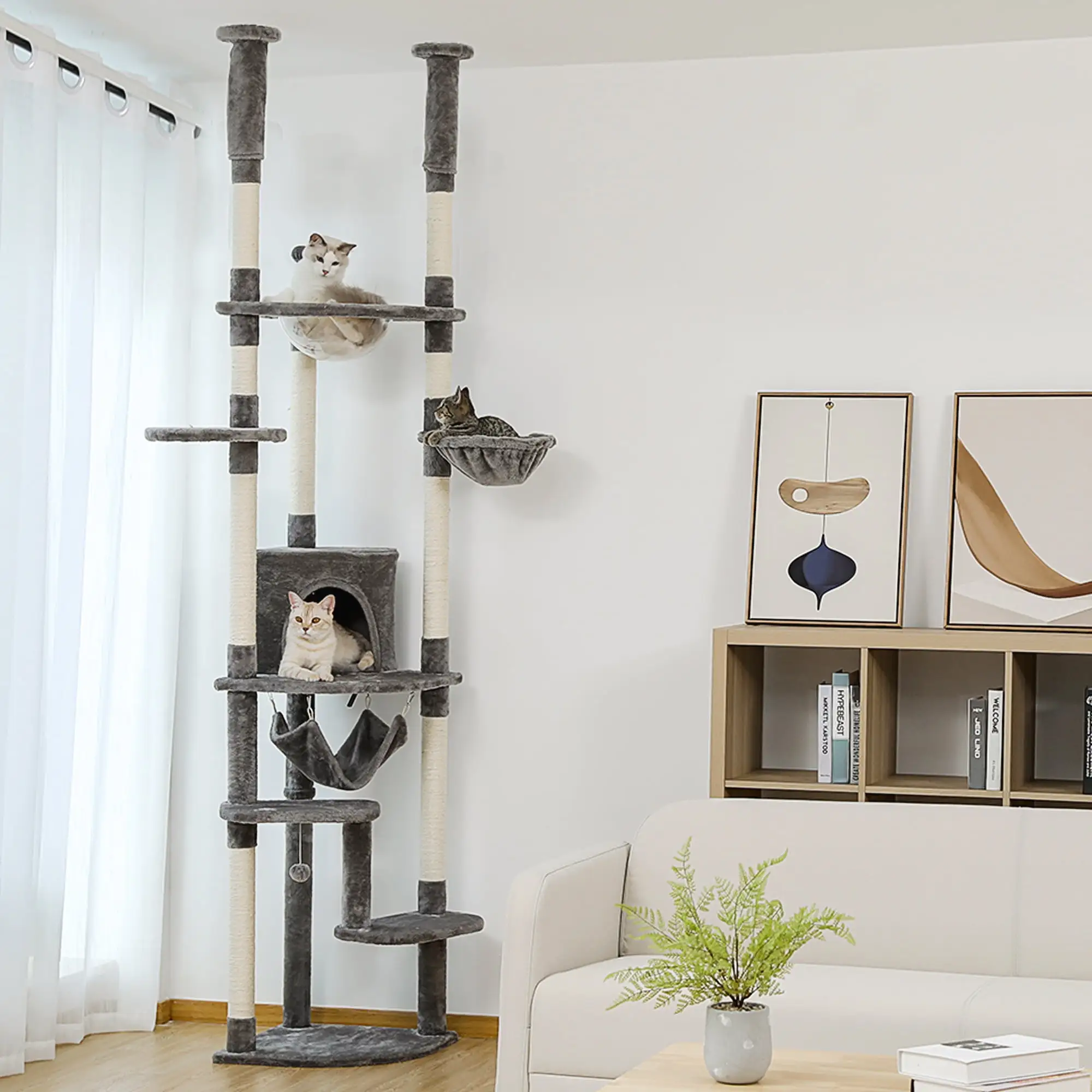 PAWZ Road Cat Tree Large Floor to Ceiling Cat Tower 92.9-101.6 With Scratching Posts.Gray