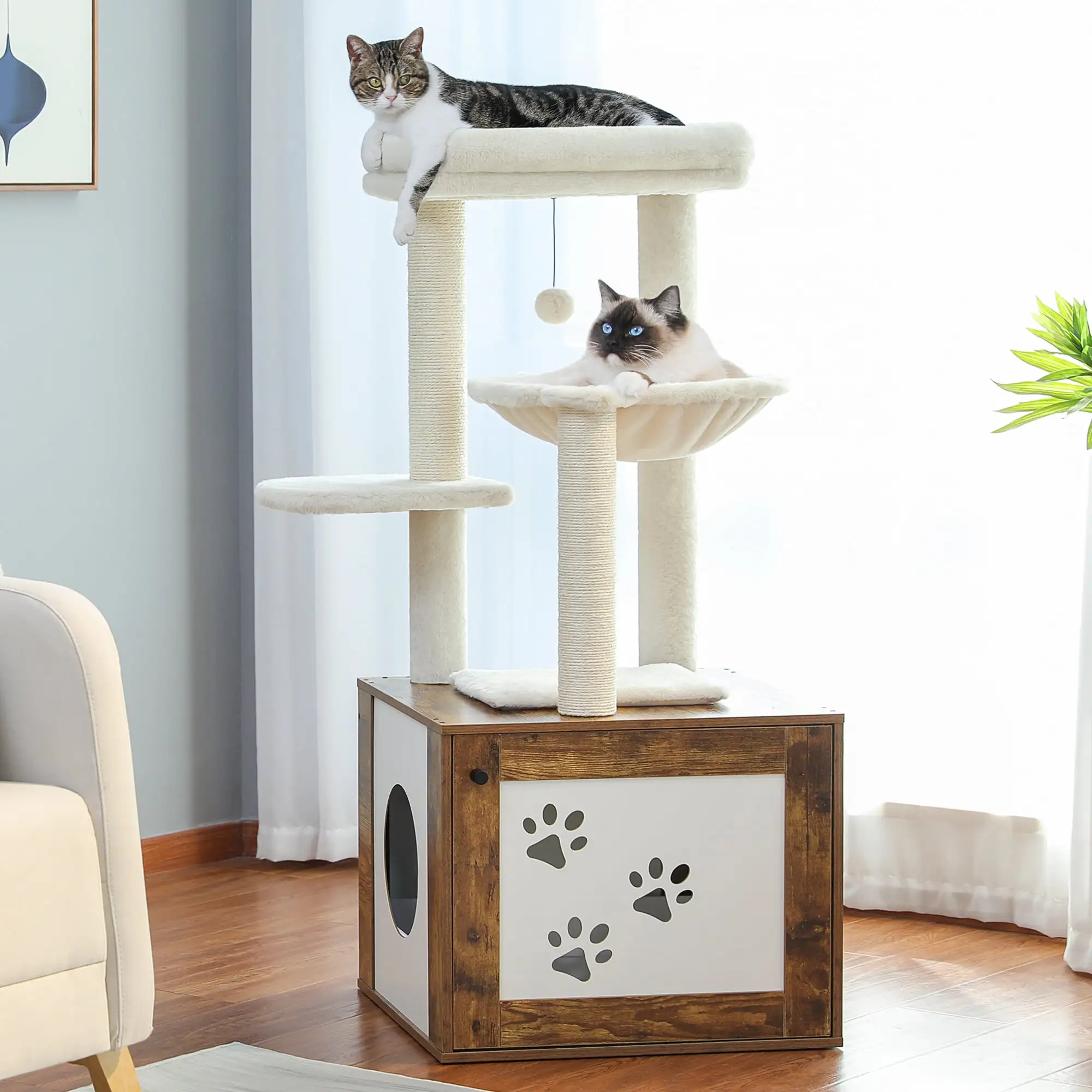 PAWZ Road Cat Tree with Litter Box Enclosure 2-in-1 Multi-level Cat Tower with Scratching Posts for All Indoor Cats.Rustic Brown