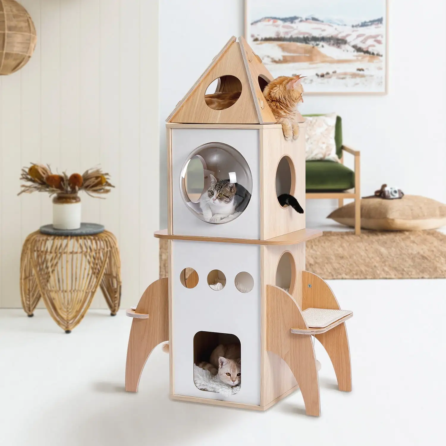 PAWZ Road Modern Cat Tree 54 Rocket Cat Tower Spaceship 3 Condo Cat Furniture for Indoor Cats. Beige