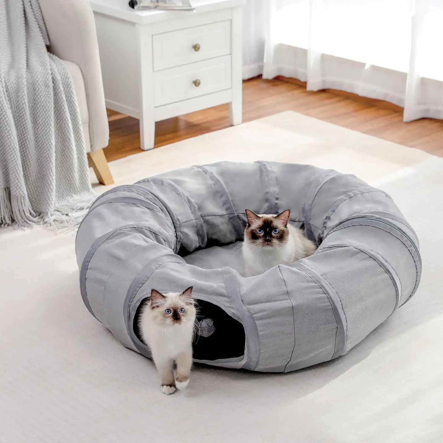 PAWZRoad Cat Tunnel with Soft Cushion 2-in-1 Collapsible Hideaway Round Shape.Gray