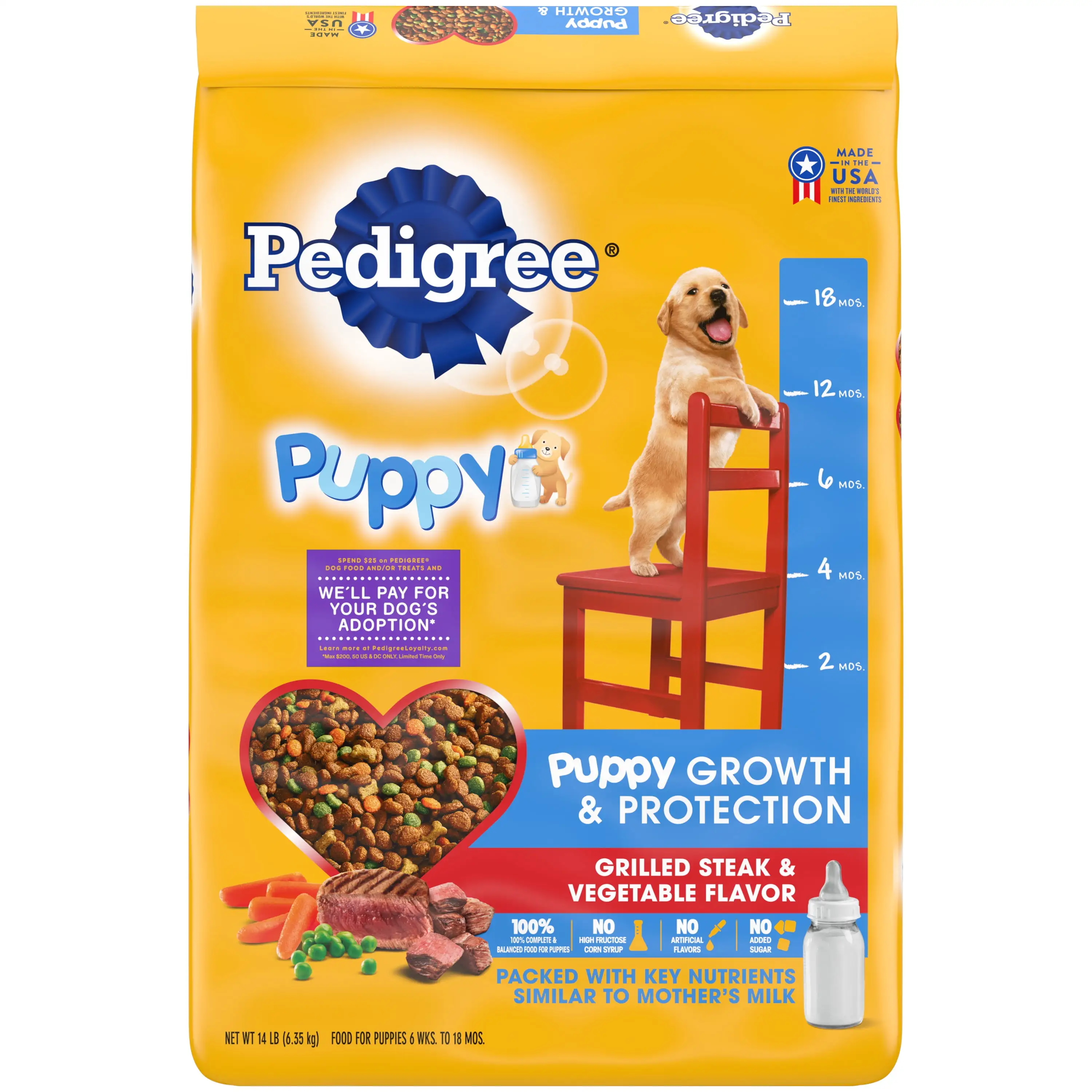 PEDIGREE Puppy Growth & Protection Grilled Steak & Vegetable Dry Dog Food for Puppy. 14 lb. Bag