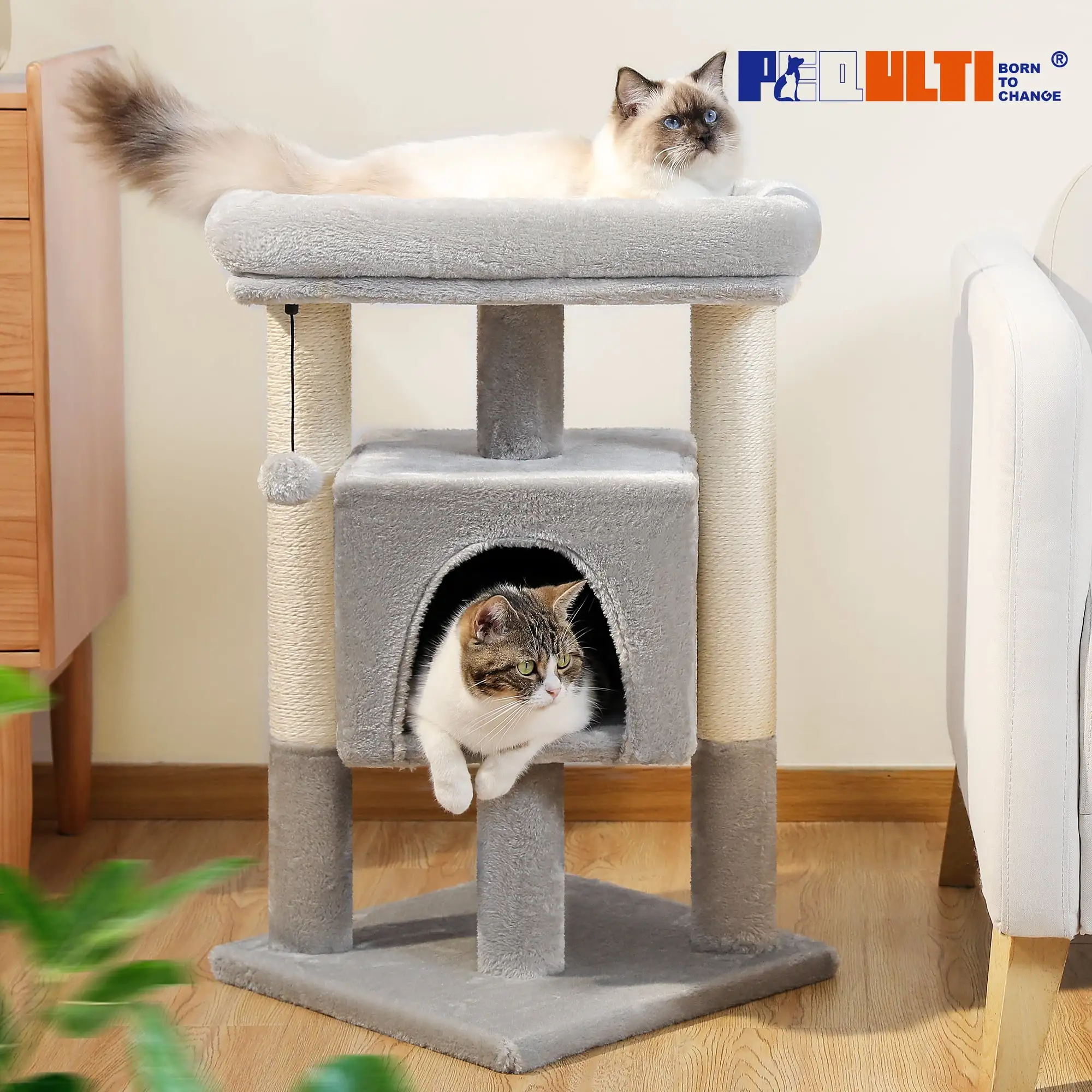 PEQULTI 28 Small Cat Tree Cat Tower with Big Top Perch for Kittens & Medium Size Cats. Gray