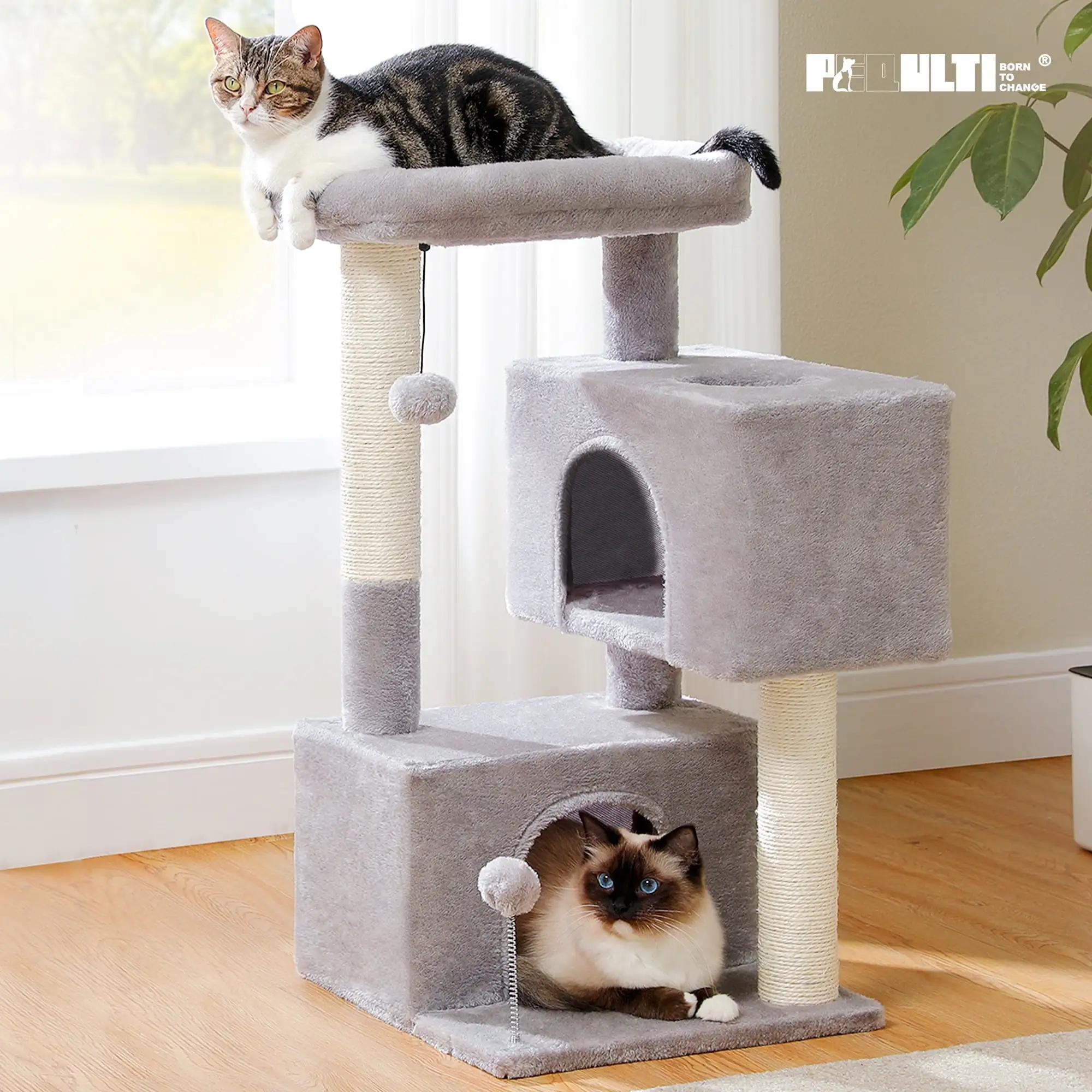 PEQULTI 31.5 Cat Tree Cat Tower with Dual Large Condos for Kittens and Medium Size Cats. Light Gray