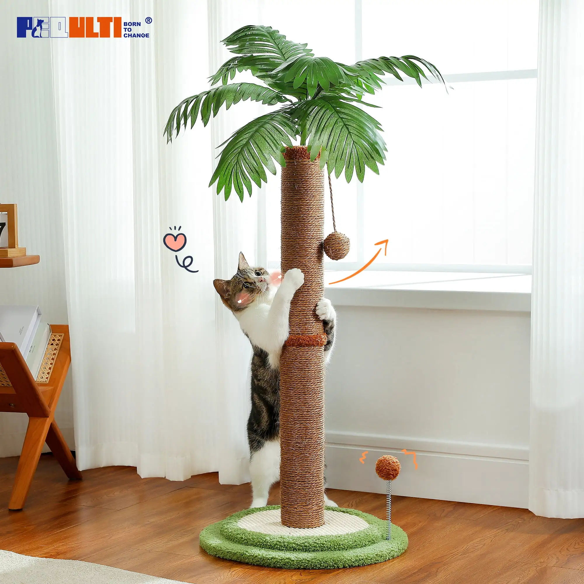 PEQULTI 34 Cat Scratching Post Coconut Palm Cat Scratcher with Sisal Balls for Indoor Cats. Brown