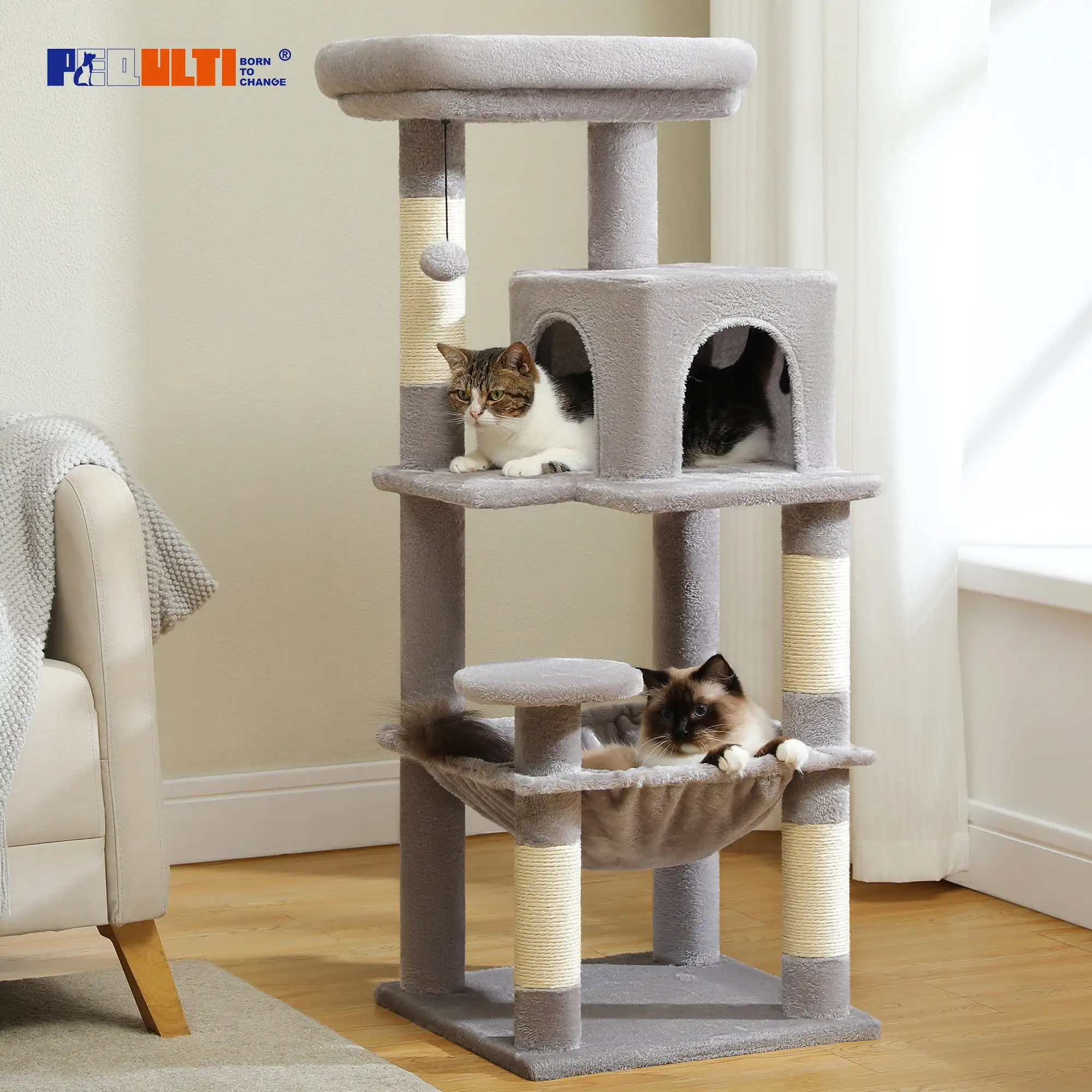 PEQULTI 45.7 Cat Tree Multilevel Cat Tower for Indoor Cats with Condo and Hommock. Light Gray