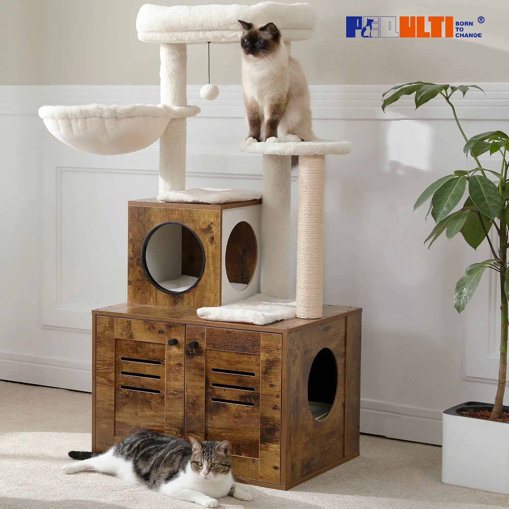 PEQULTI 50 Wooden Cat Tree Cat Tower with Litter Box Enclosure for Indoor Large Cats.Brown