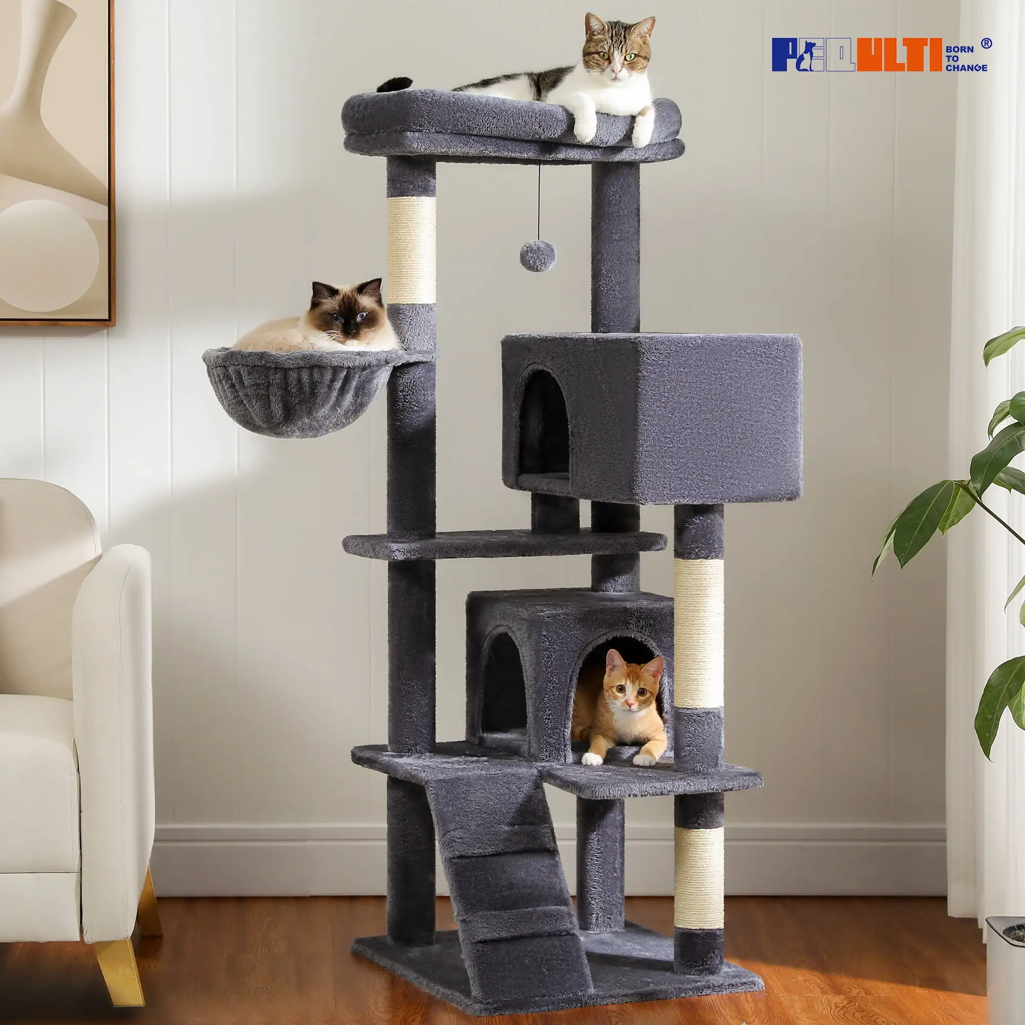 PEQULTI 56 Double Condo Large Cat Tree. Multi-level Cat Tower for Indoors Cats. Dark Gary