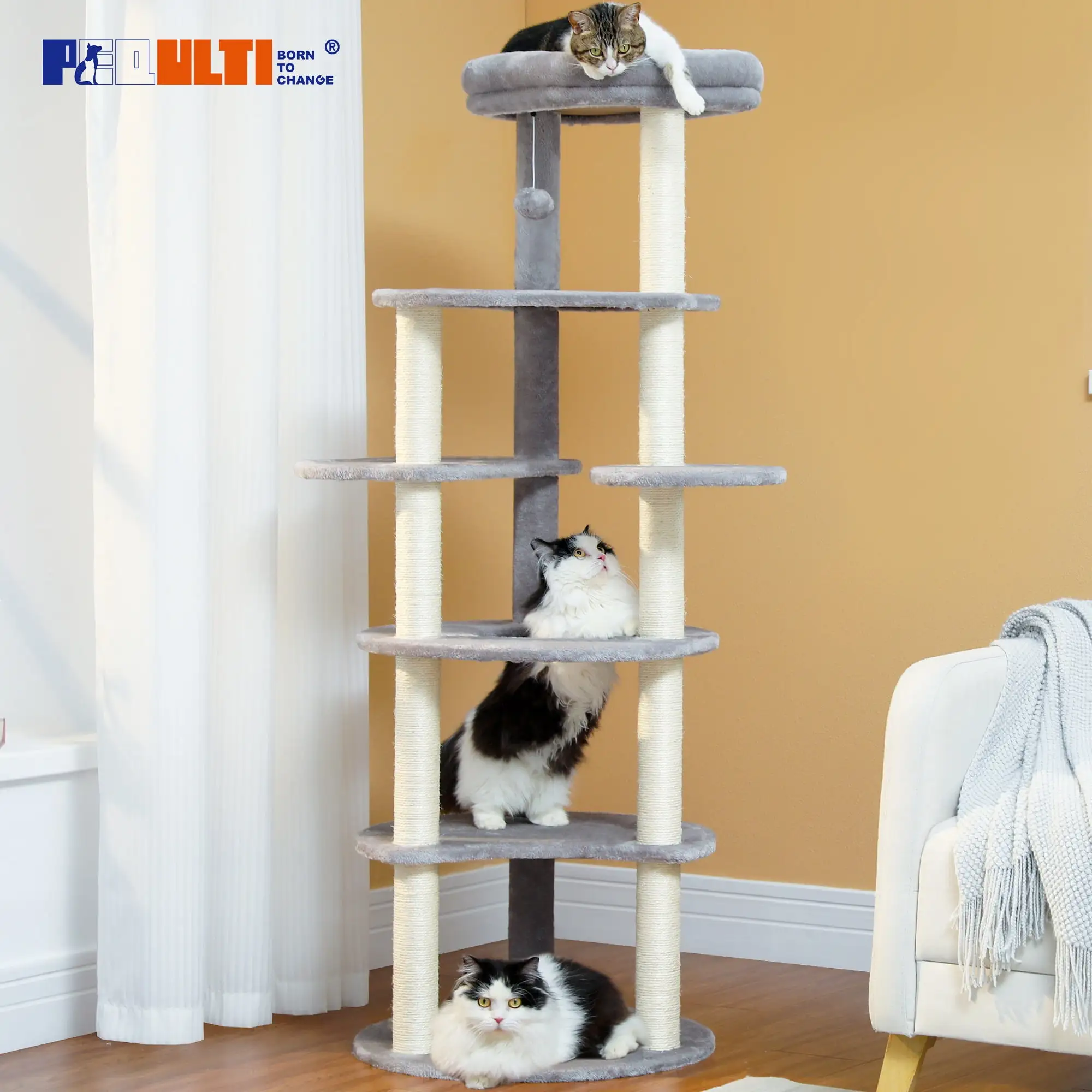 PEQULTI 61 Cat Tree 6-Level Cat Tower with 9 Sisal Scratching Posts for Indoor Large Cats. Gray