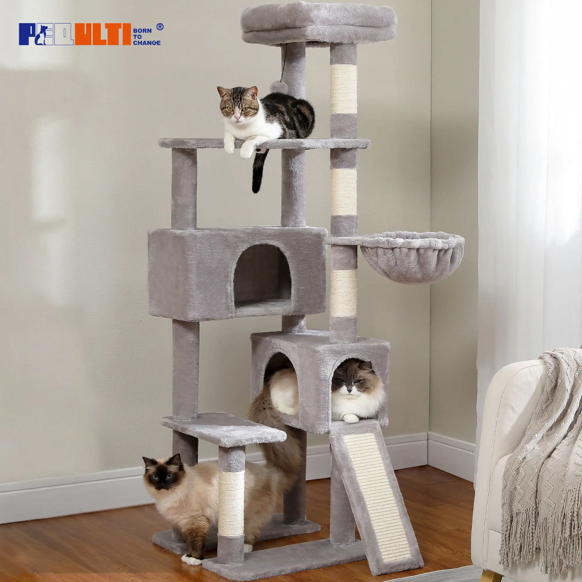 PEQULTI 61 Large Cat Tree Cat Tower with Ladder and Dual Condos for Indoor Cats. Light Gray