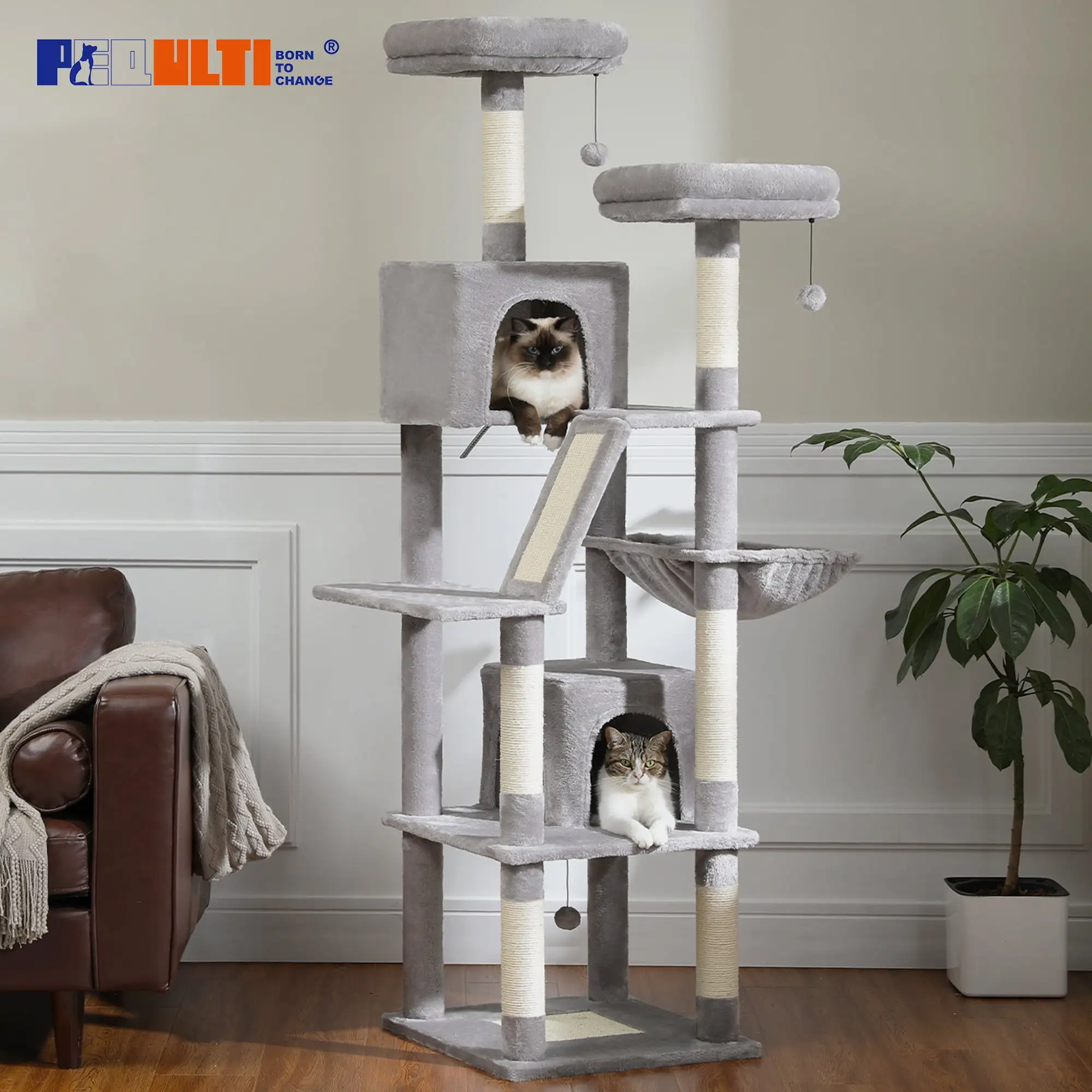 PEQULTI 71 Cat Tree Tower for Large Cat Condo with Scratching Post Tall for Indoor. Gray