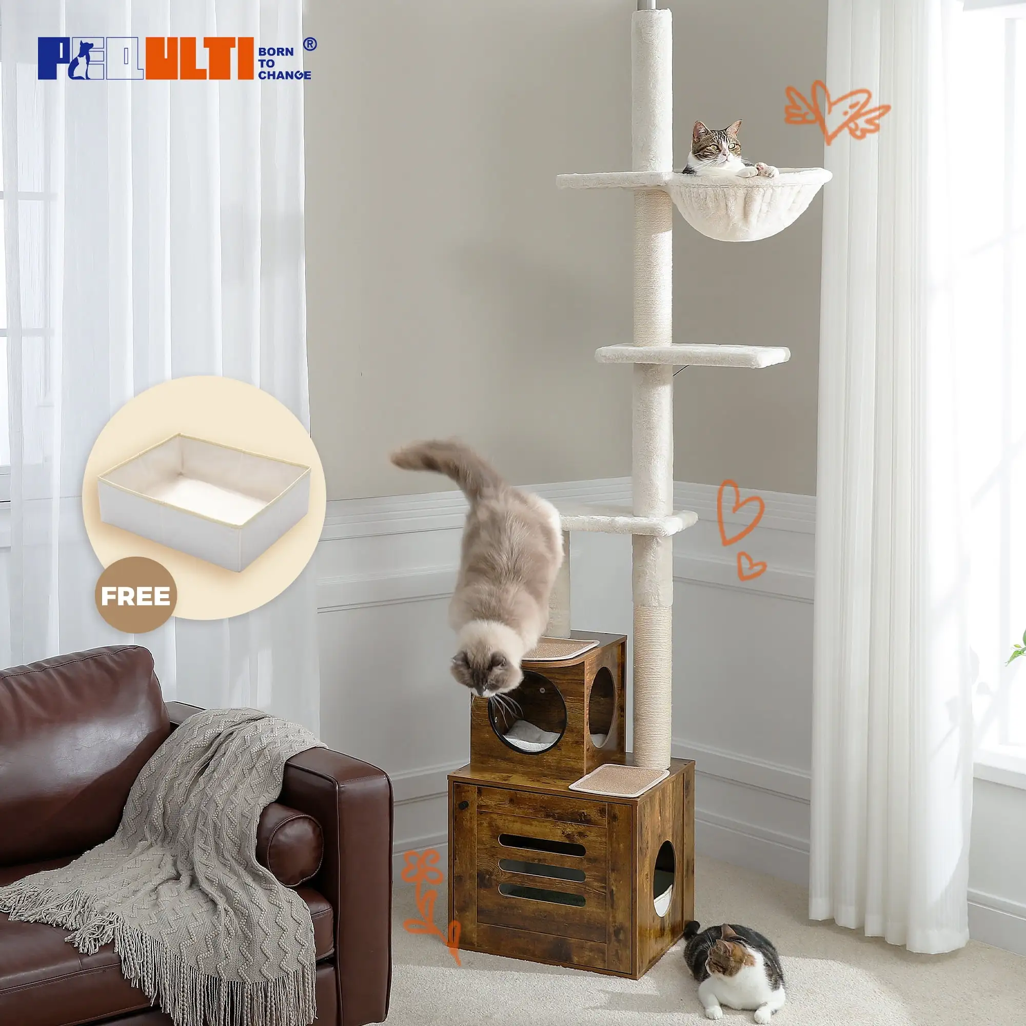 PEQULTI 95-110 Floor to Ceiling Wooden Cat Tree with Cat Litter Box Enclosure for Large Cats. Brown