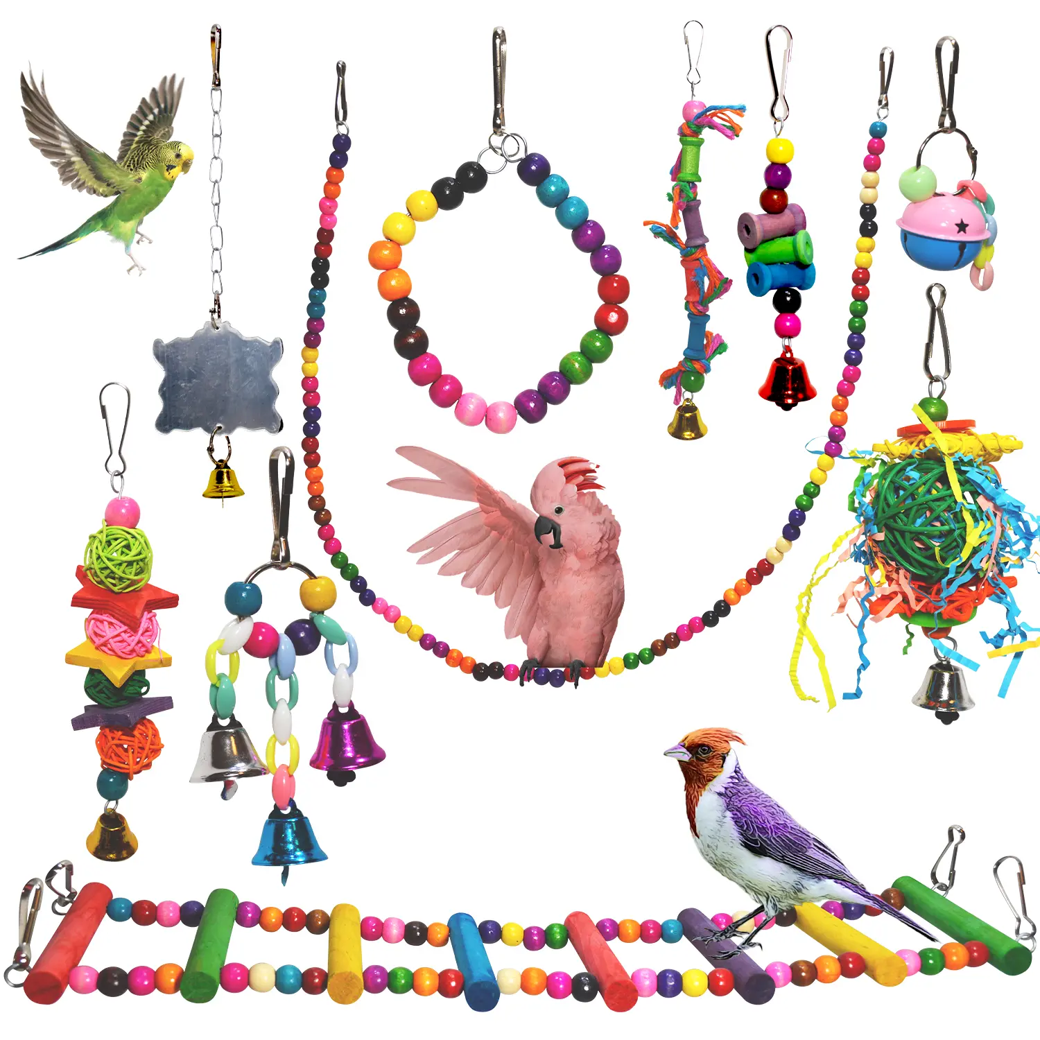 PERIQUITO 10 Pcs Bird Toys Parrot Toys Parakeet Toys for Small Birds Parrot Budgie Budgerigar Parakeet Love Bird Peony Cockatiel Toys Finch Wood Hammock Swing Hanging Bells Rope Ladder perches