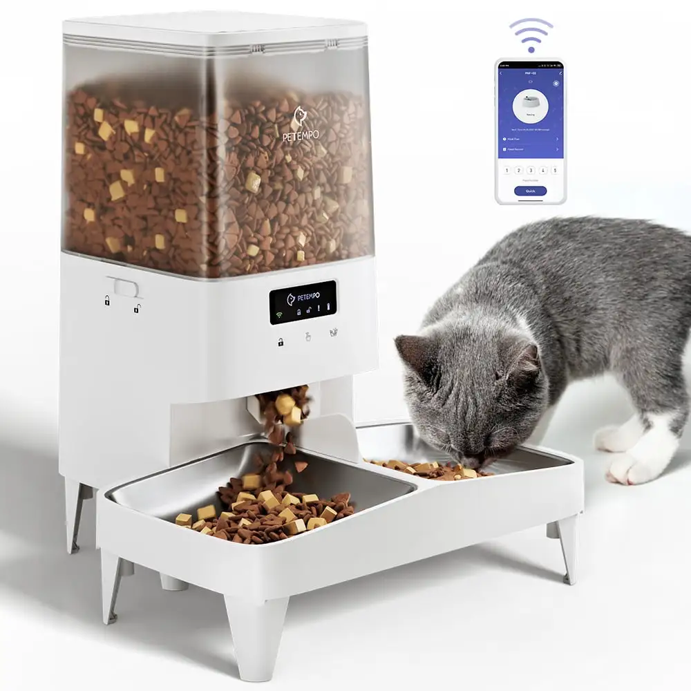 PETEMPO Automatic Cat Feeder. 5L WIFI Pet Feeder with Anti-Stuck Design. Stainless Double Bowls for 1-2 Cats. Dogs