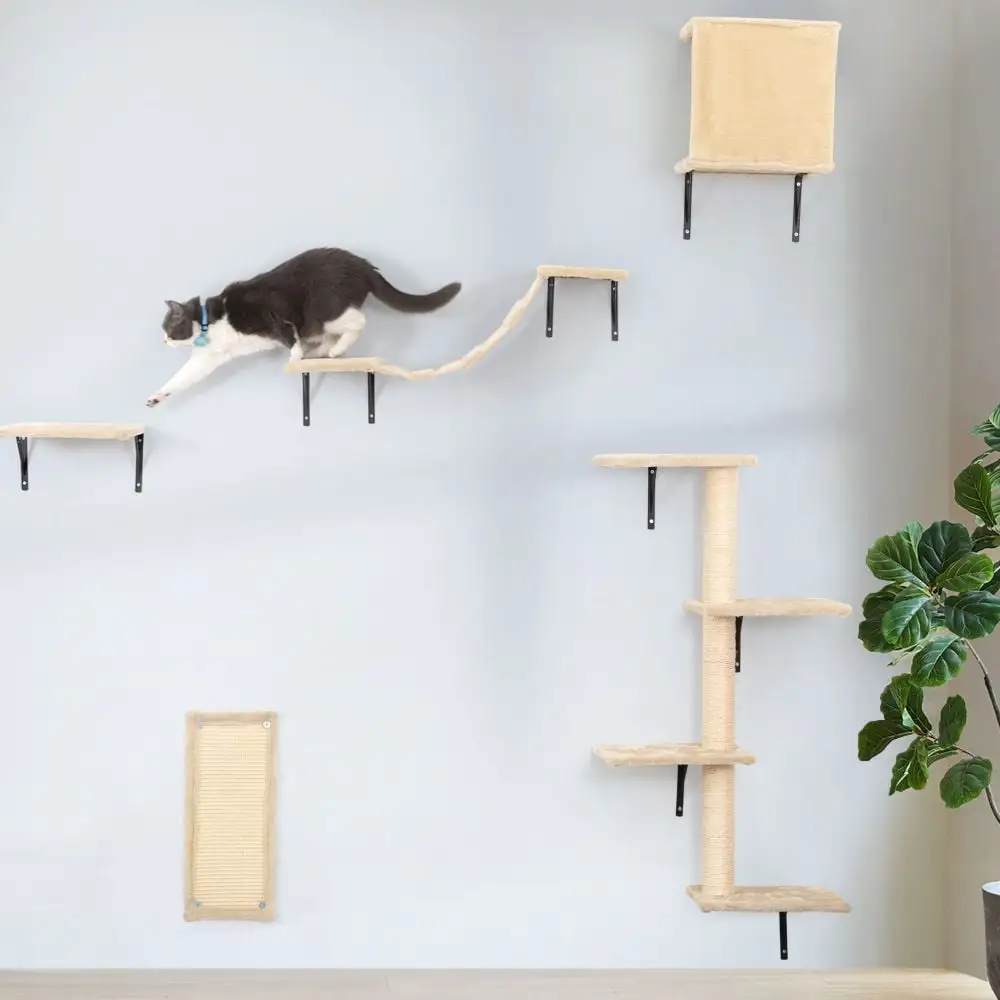 PETILOVES 5 Pcs Cat Tree Wall Mounted Furniture DIY Set Climbing Shelves for Kitty Play & Relaxing - Includs Scratching Board. Connect Bridge. House and Scratching Posts(Beige)