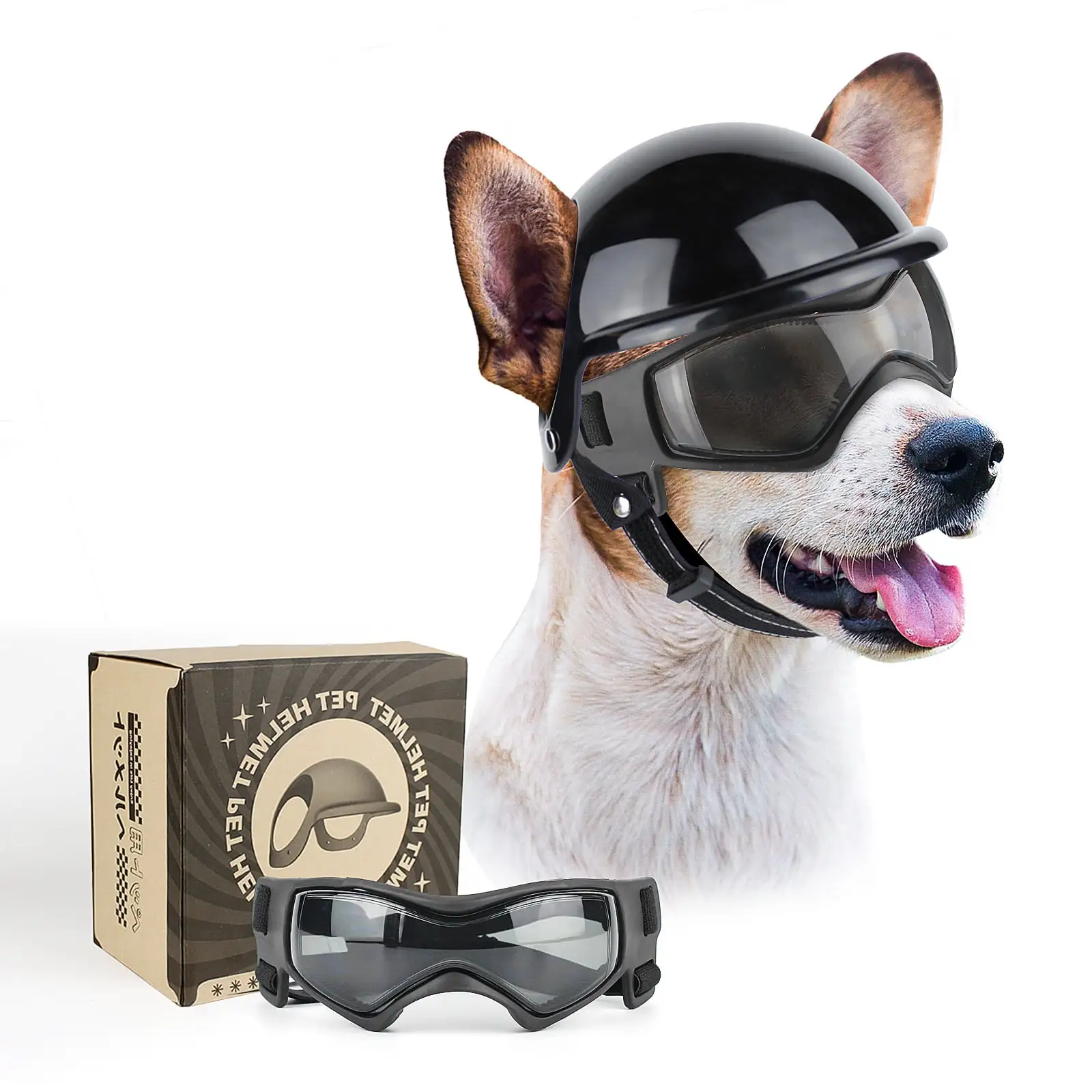 PETLESO Anti-UV Dog Goggles with Pet Helmet. Dust Proof Eye Protection Dog Sunglasses Match Cool Motorcycle Pet Helmet for Small to Medium Dogs