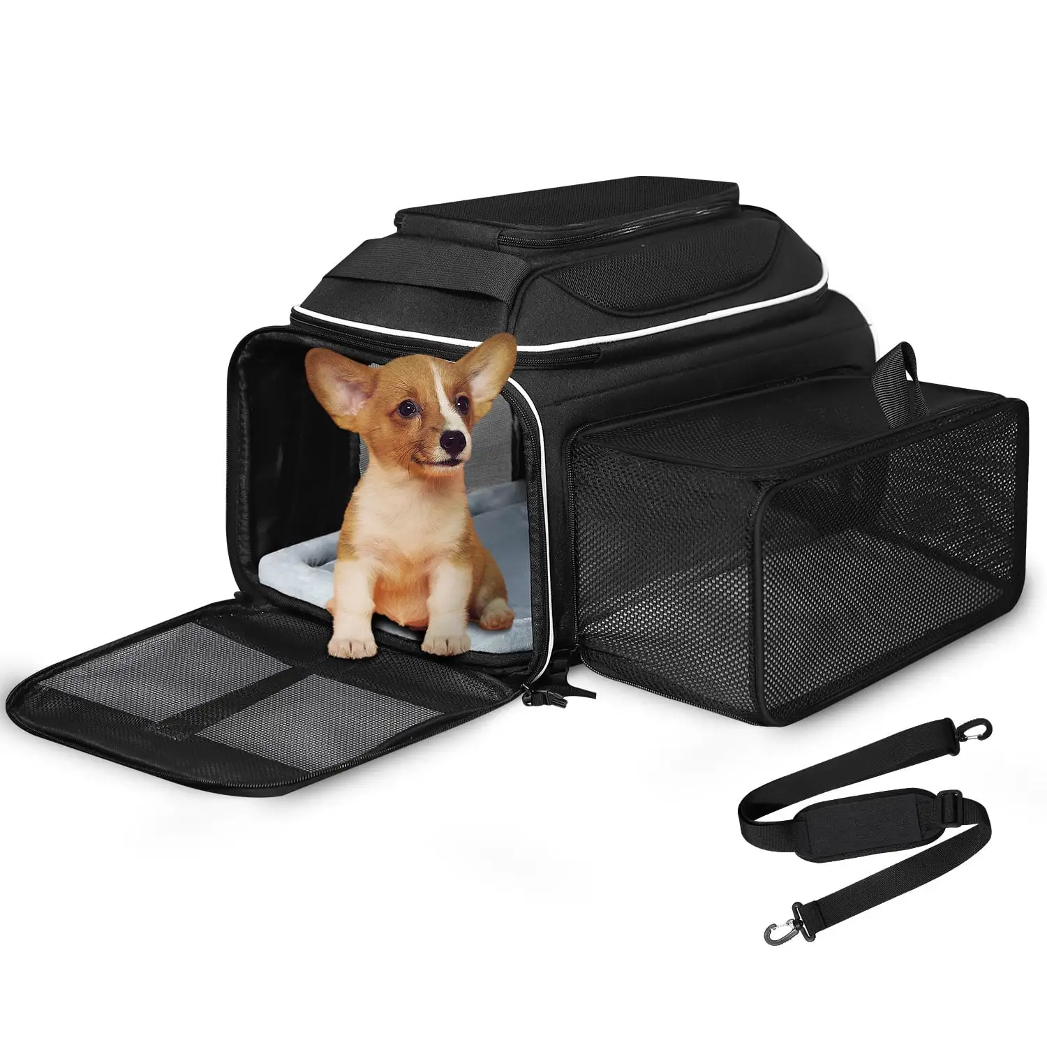 PETSKD Airline Approved Pet Carrier. 17x12x8.5 inches Soft Pet Travel Carrier. Top and Side Expandable Cat Carrier with Fleece Pad for 1-10 lbs Cats. Puppy and Small Dogs. Black