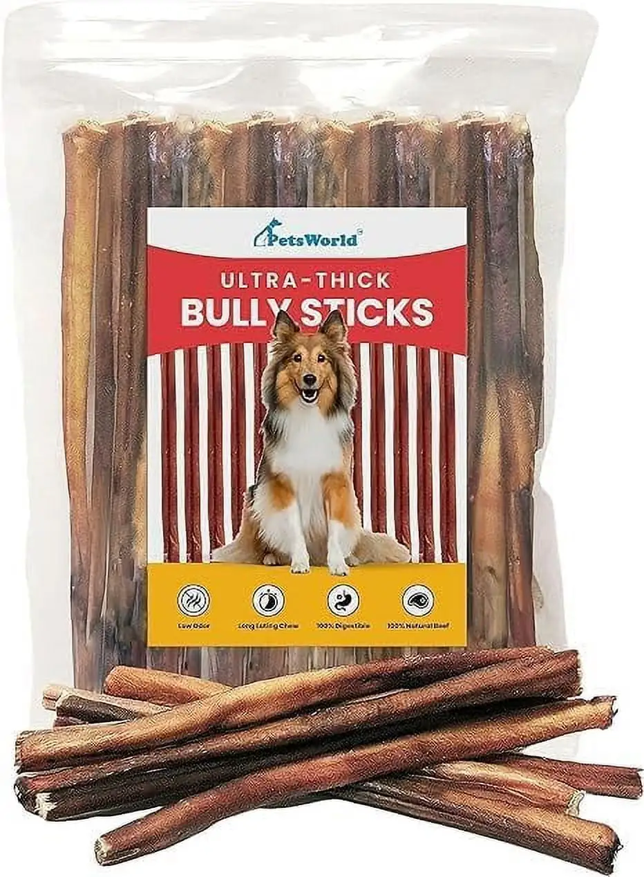 PETSWORLD 12 Extra Thick Bully Sticks: Pack of 12 . All-Natural. Beef Pizzle. Odor-Free & Long-Lasting Treats for Large Dogs - 100% Digestible. Non-GMO. Grain-Free