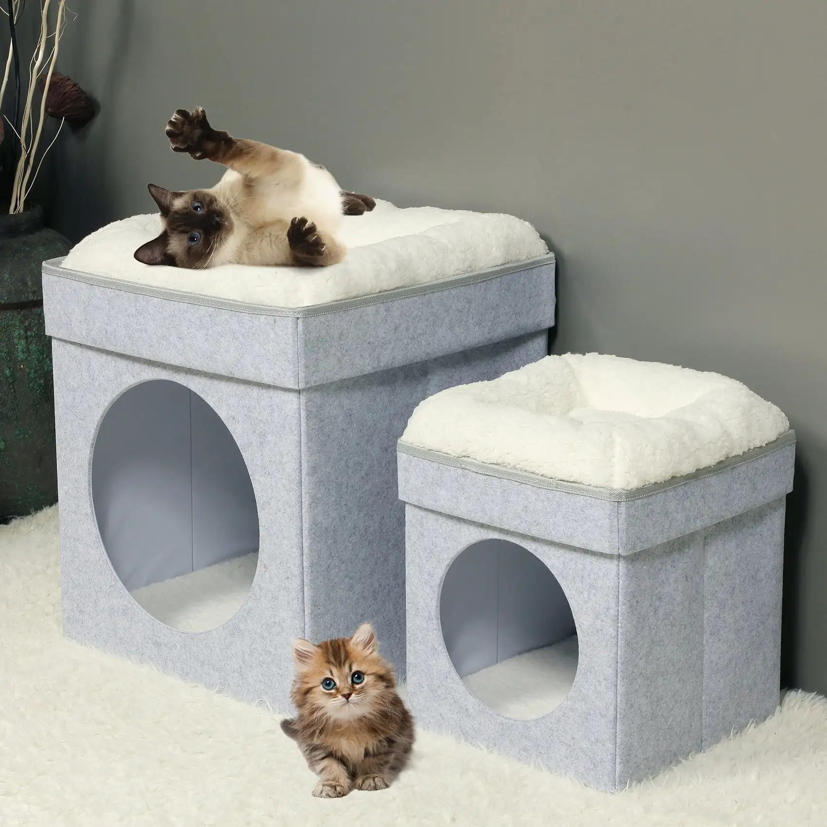 PINPLUS 17.7Winter Felt Small Cat House Indoor.Foldable Pets Bed Cave Kennel with Two Move Cushion.Dog Bed Warm Comfortable.Light Grey