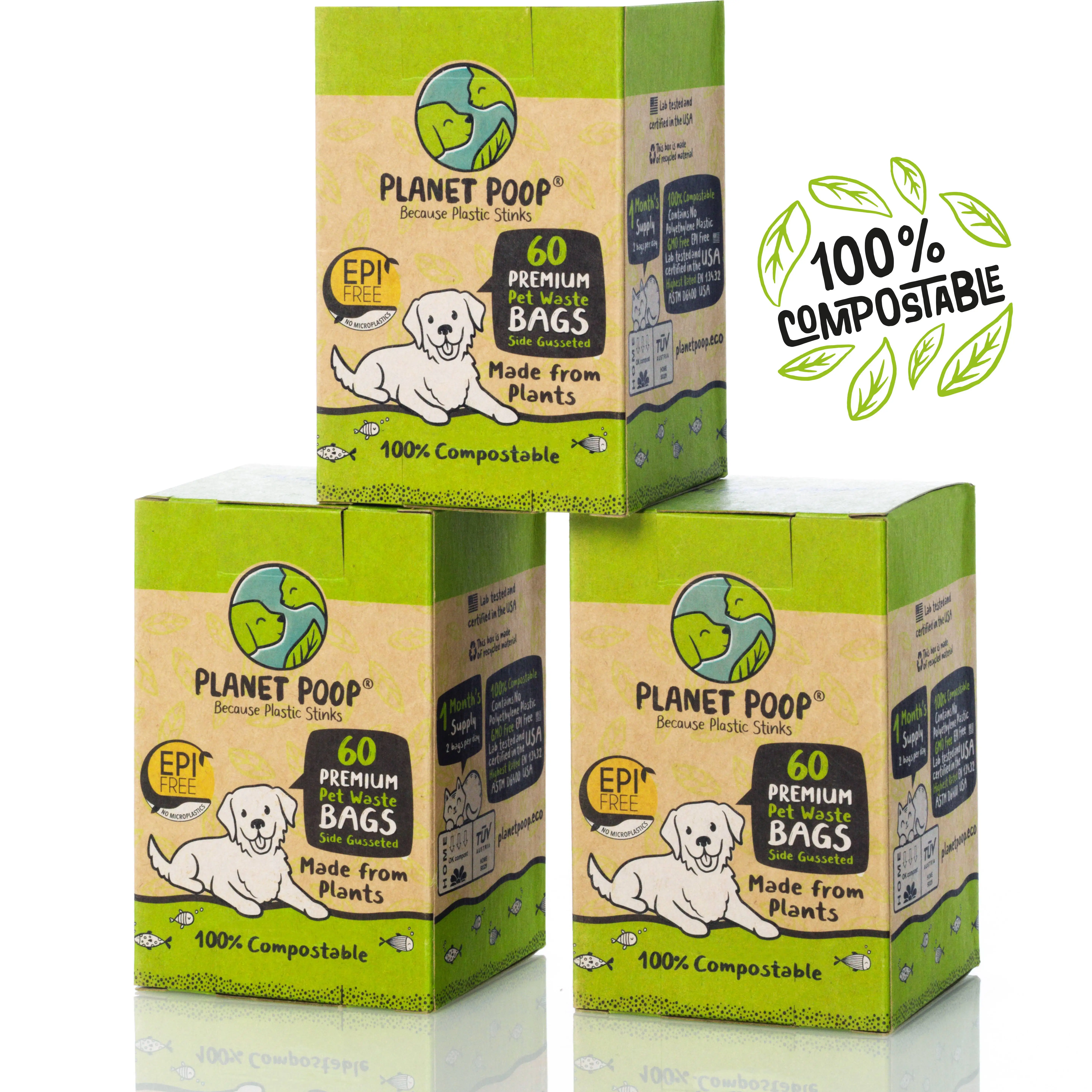 PLANET POOP Home Compostable Dog Poop Bags. 180 Premium Bags on Refill Rolls for Dogs. Un-Scented Dog Waste Bags. Thick Leakproof Doggy Cat Bag Plant-Based Eco Earth Friendly Pet Supplies