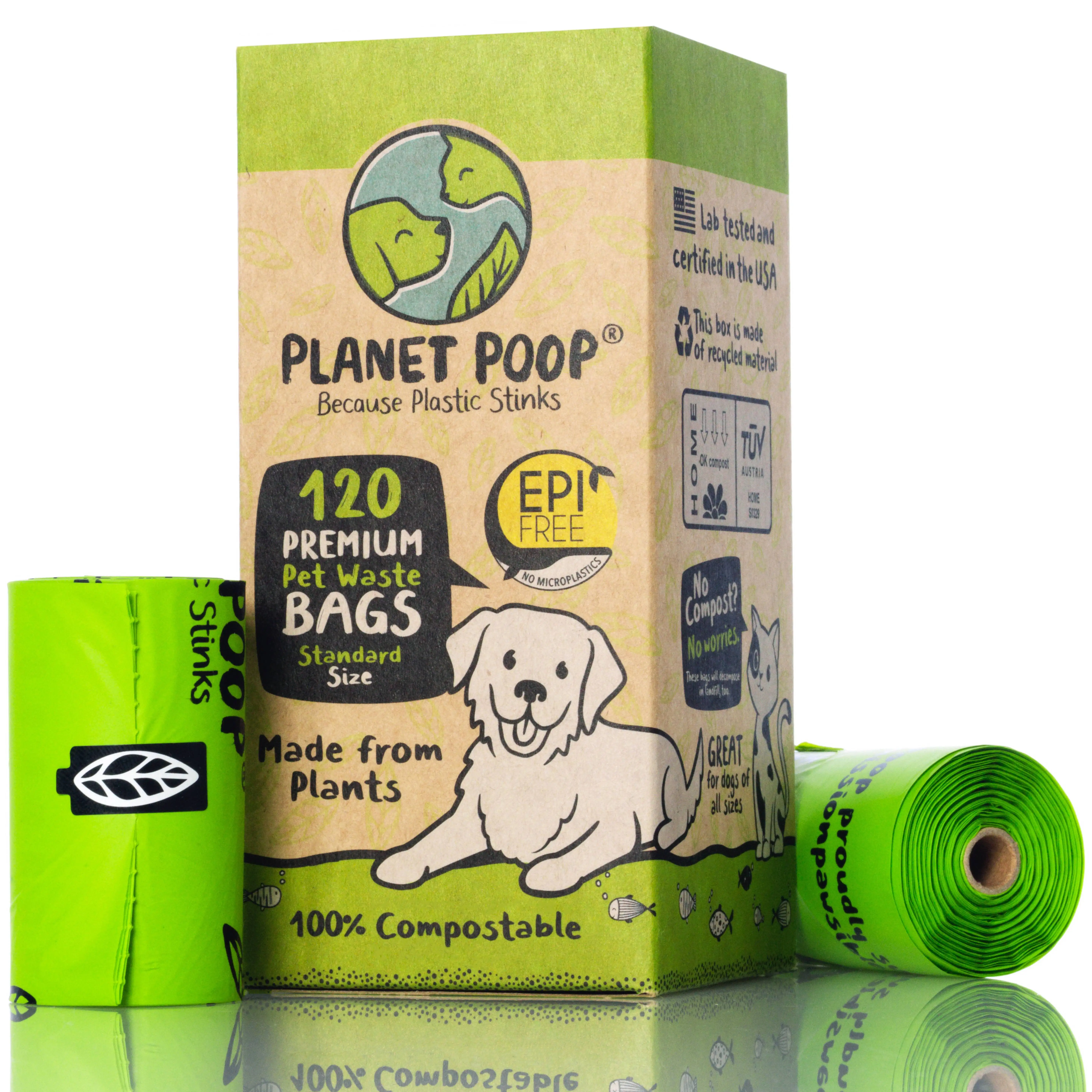 PLANET POOP Home Compostable Dog Poop Bags on Refill Rolls. 120 Standard Size Un-Scented Pet Waste Bags. Biodegradable Thick Leakproof Plant-Based Doggy Bag. Eco Cat & Dogs Earth Friendly Supplies