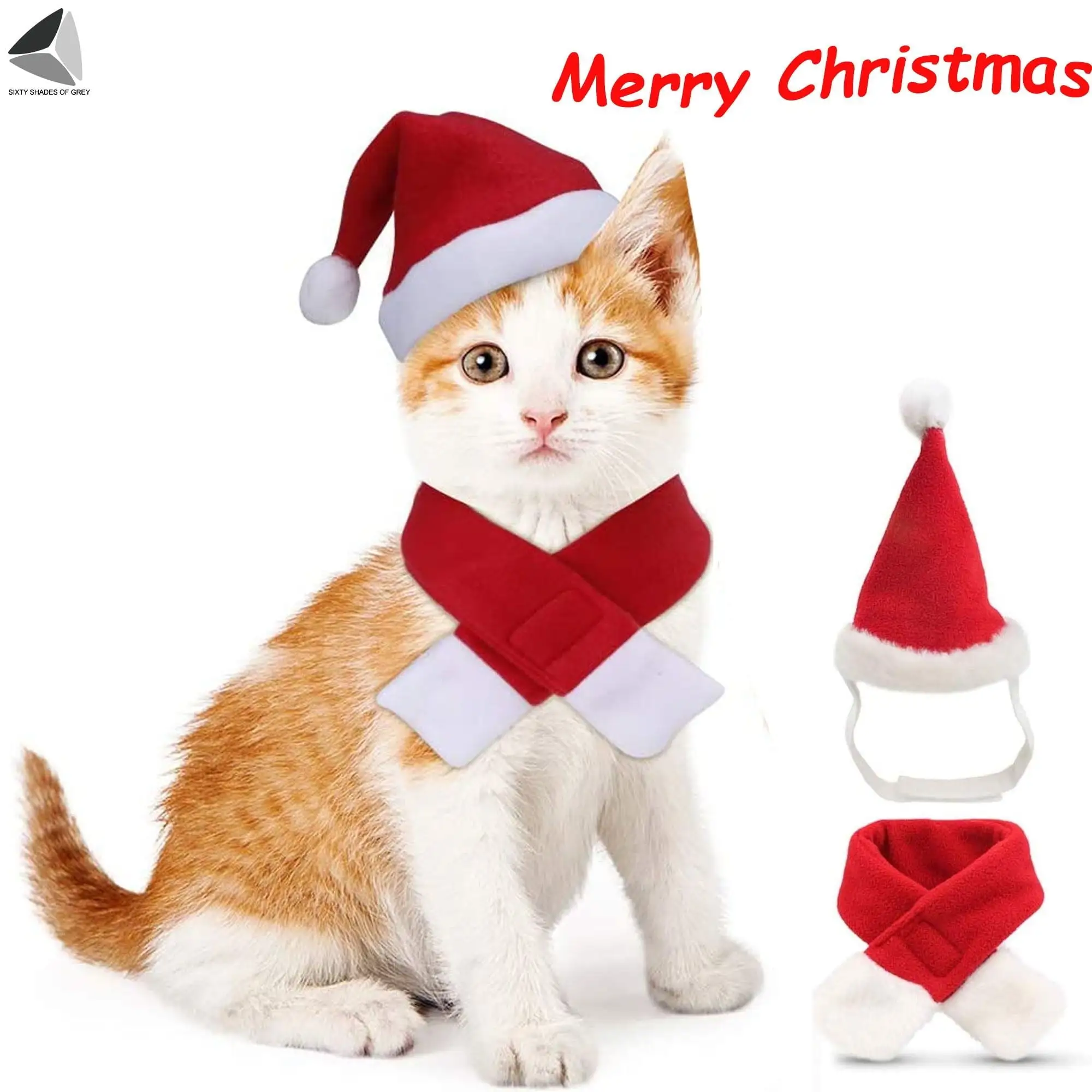 PULLIMORE Christmas Pet Costumes Adjustable Santa Hat Scarf Set Xmas Party Outfits for Kitten Puppy Dogs Cats (M)