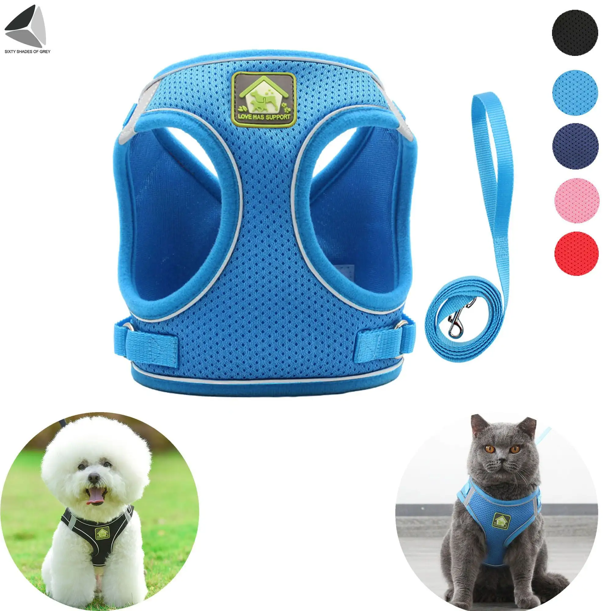 PULLIMORE No Pull Dog Harness No Choke Reflective Pet Vest Adjustable Breathable Mesh Harnesses with Leash for Small Dogs Cats Walking (M. Blue)