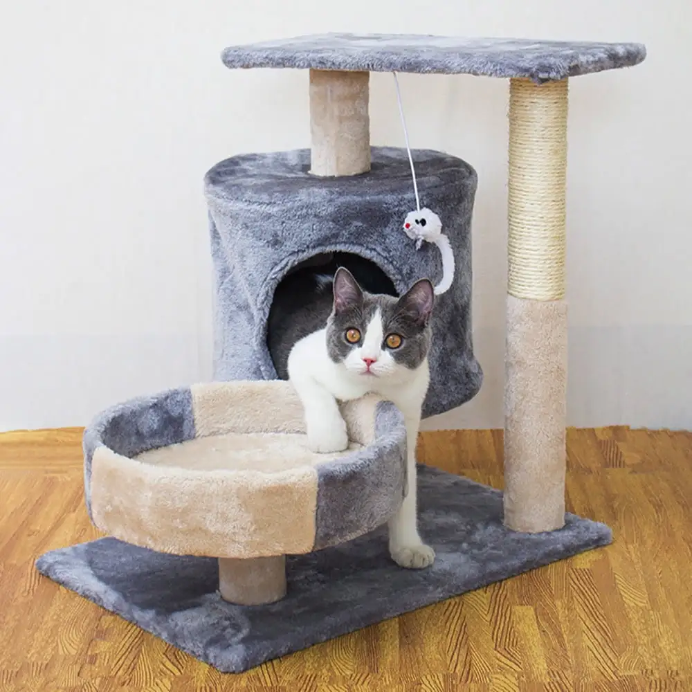 PVUEL Cat Tower Tree.2 Tier Pet Play House with Condo and Scratching Post Tower. Gray & Beige.L