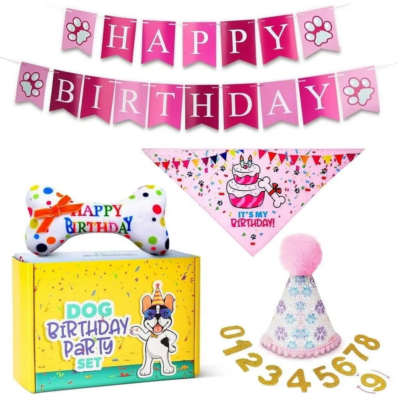 Pacific Pups Dog Birthday Party Supplies: Dog Bandanas. Girl Dog Birthday Hat. Birthday Dog Toy - Pink Paws