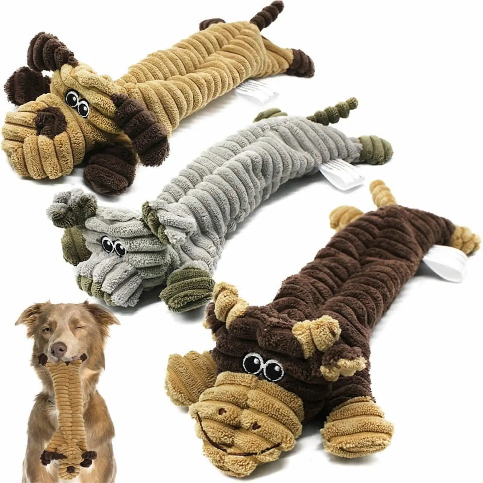 Pack of 3 Squeaky Dog Toys Indestructible for Large Dogs. Tough Soft Dog Toys Bundle for 8 Weeks Puppy and Small Dogs. Durable Dog Toys. No Stuffing Animals