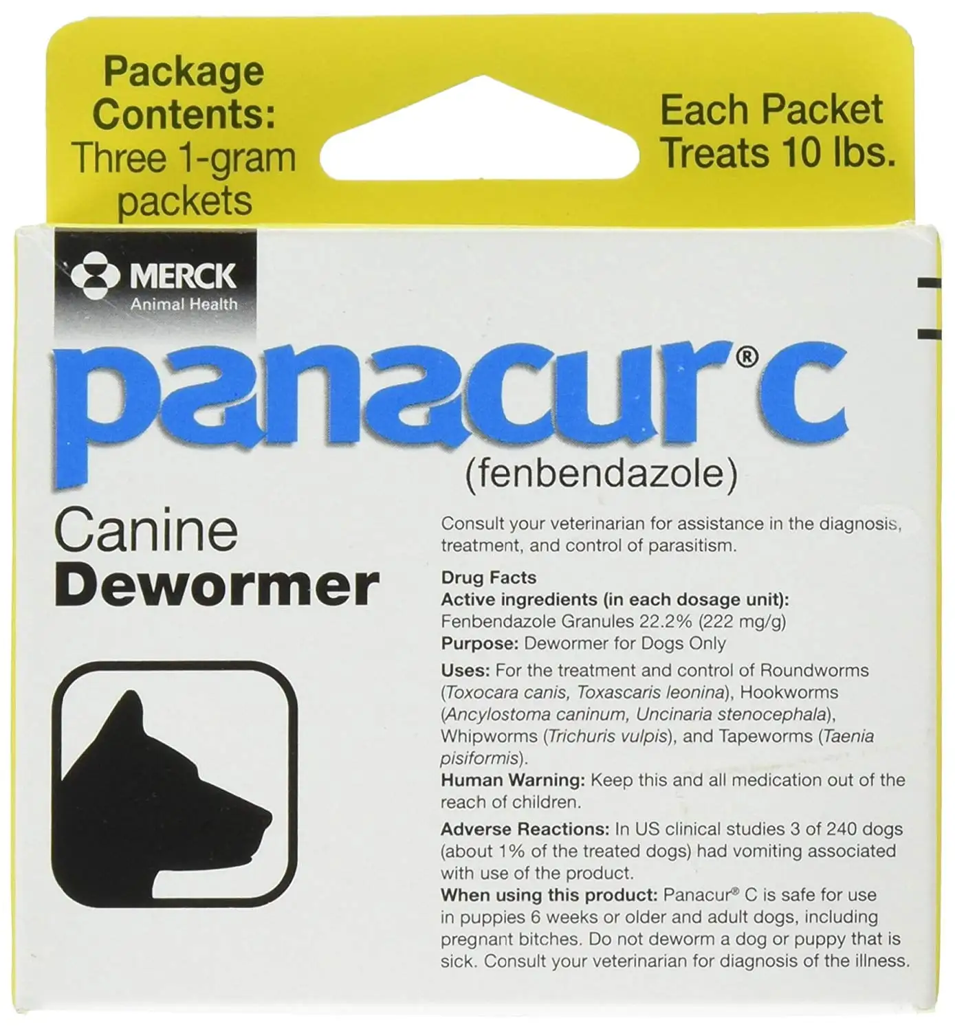 Panacur C Dewormer (Fenbendazole) for Dogs. Three 1-Gram Packets (10 Pounds)