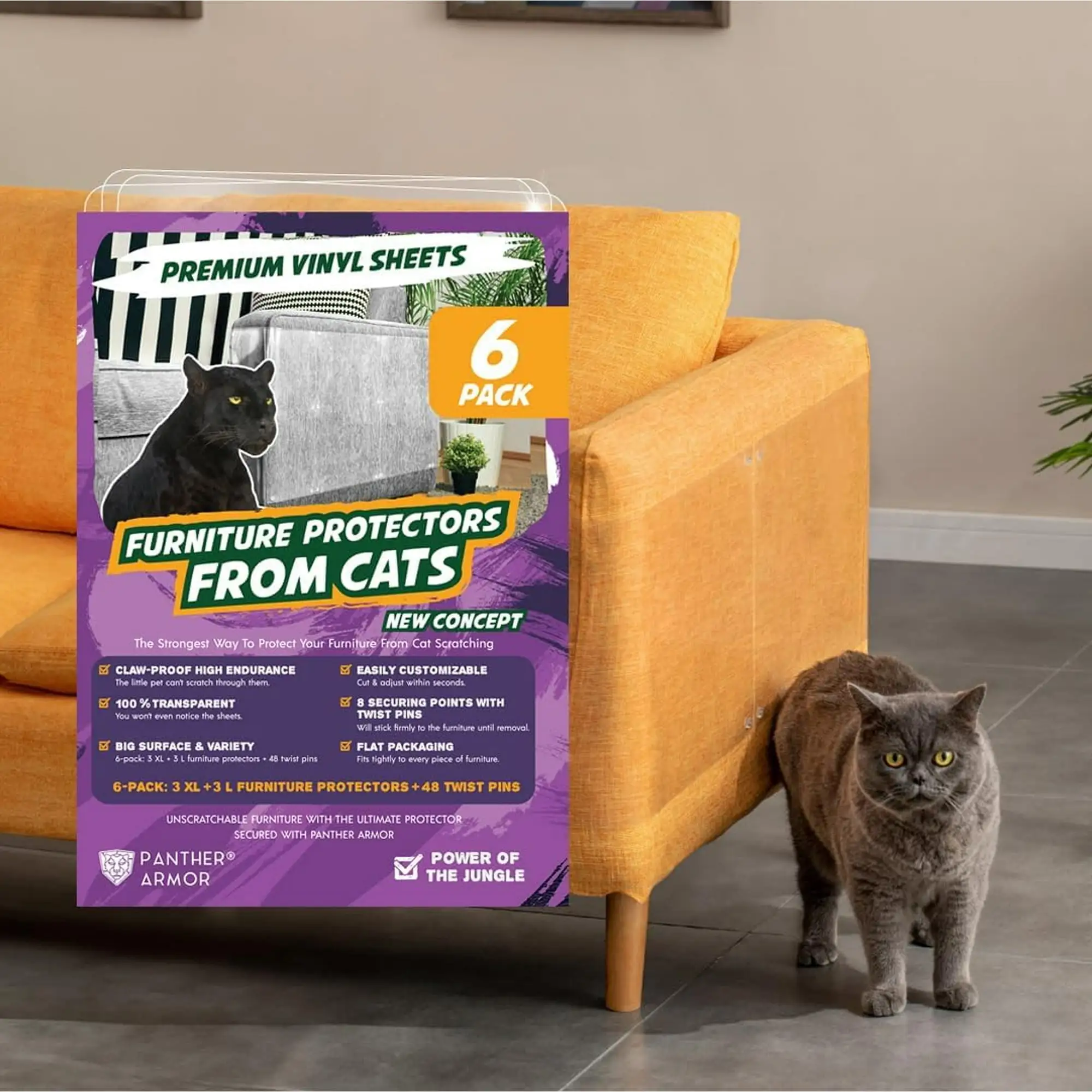 Panther Armor Cat Scratch Furniture Protector for Sofa. Couch. Thick Clear Gloss Sheets. 6 Pack w/ Pins