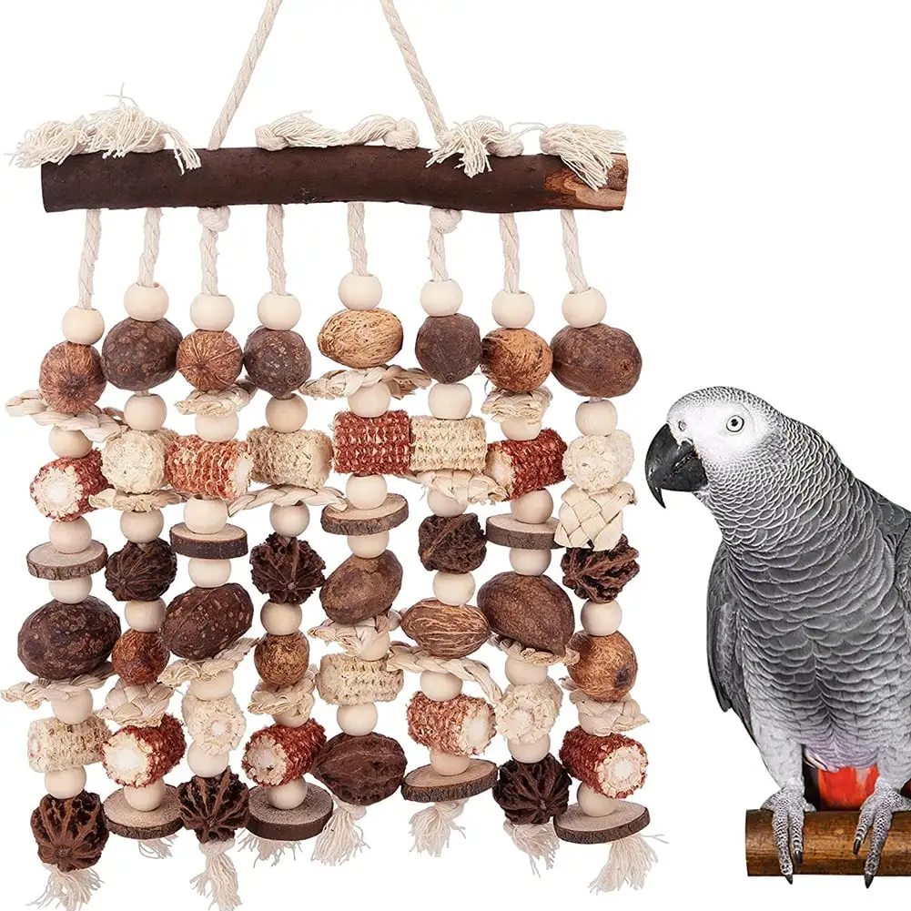 Parrot Hanging Chewing Toys Natural Wooden Blocks Corn Cob Nuts Bird Cage Accessories For Relieve Boredom