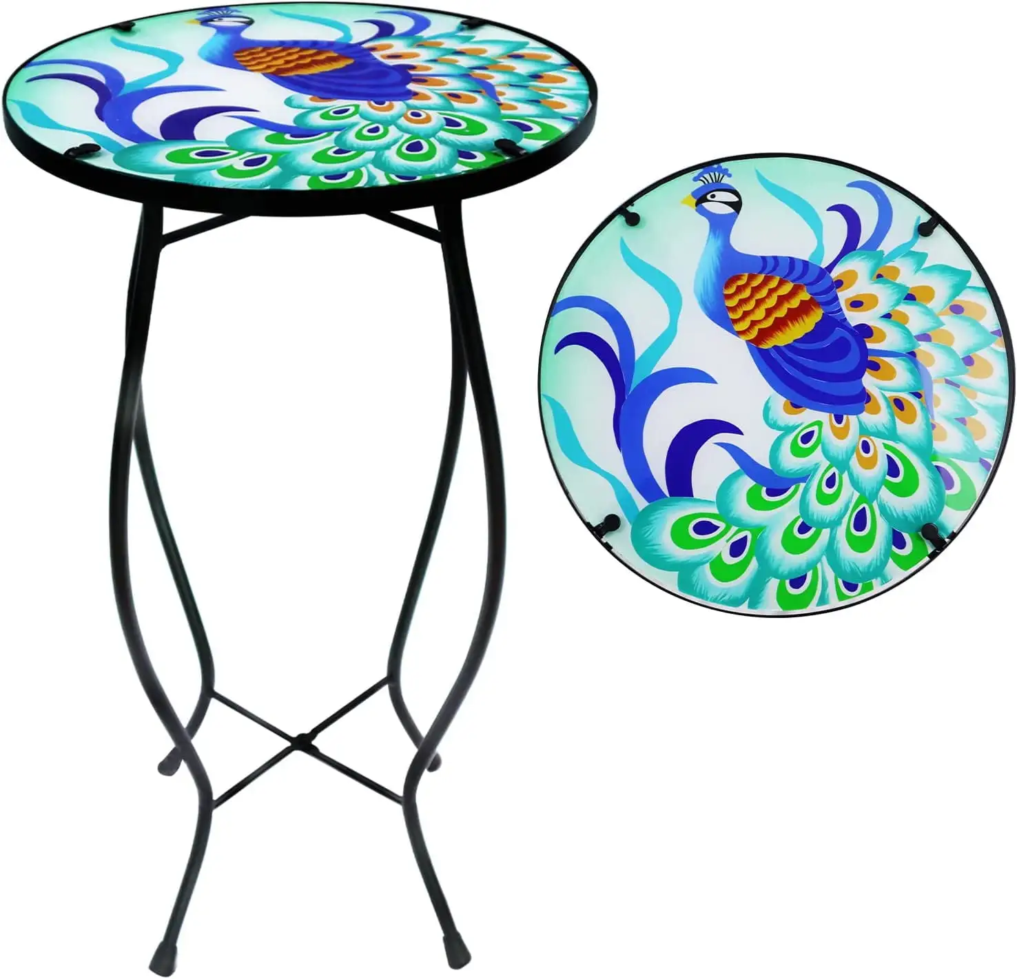 Patio Side Table Outdoor Mosaic Table Accent Coffee Table.Plant End Table Small Porch Peacock Table Indoor.Round Glass Balcony Small Porch Plant Table Stands for Garden Patio Living Room 14 Inch