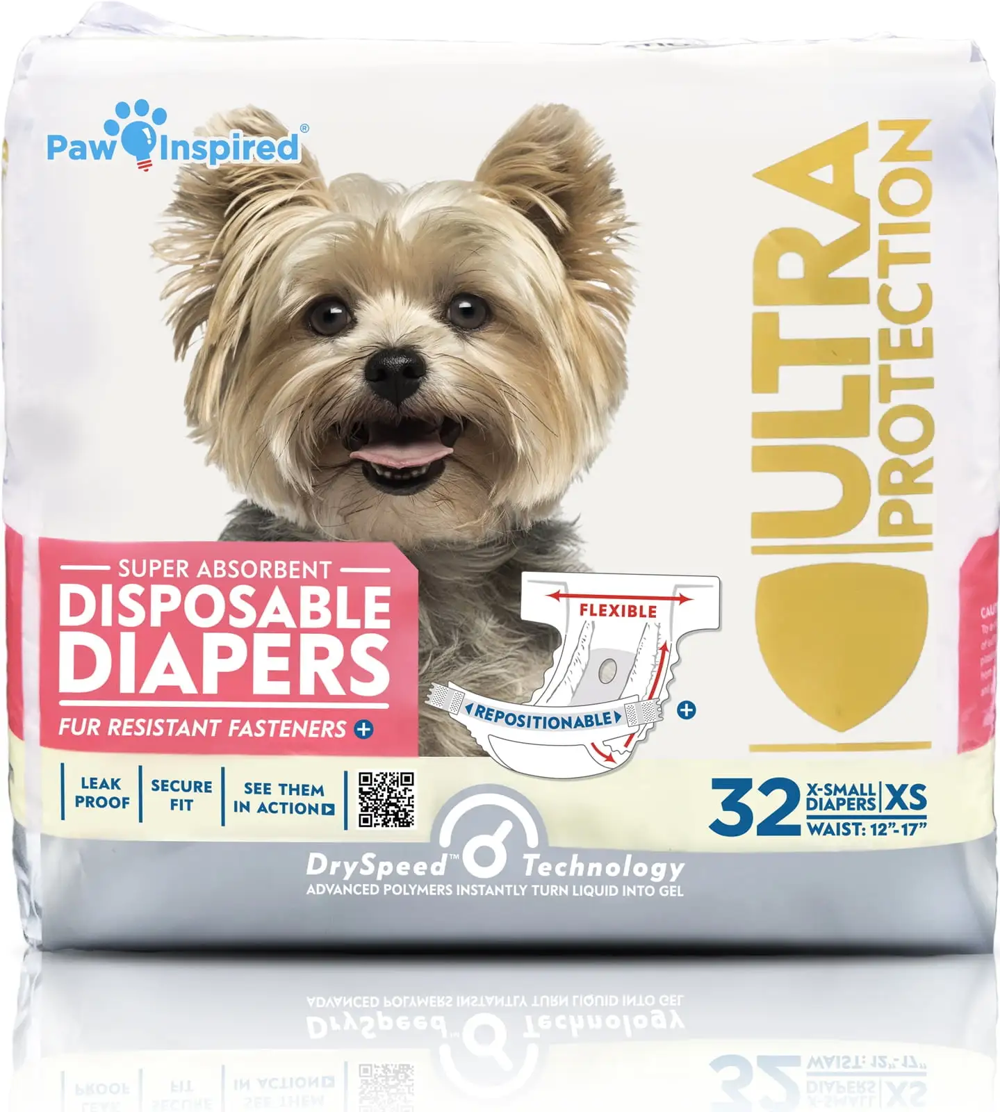 Paw Inspired Disposable Dog Diapers Female| Puppy. Doggie. Cat Diapers |Diapers for Dogs in Heat Period. Diapers that Stay on Bulk. Senior. Excitable Urination. or Incontinence (X-Small. 32 Count)