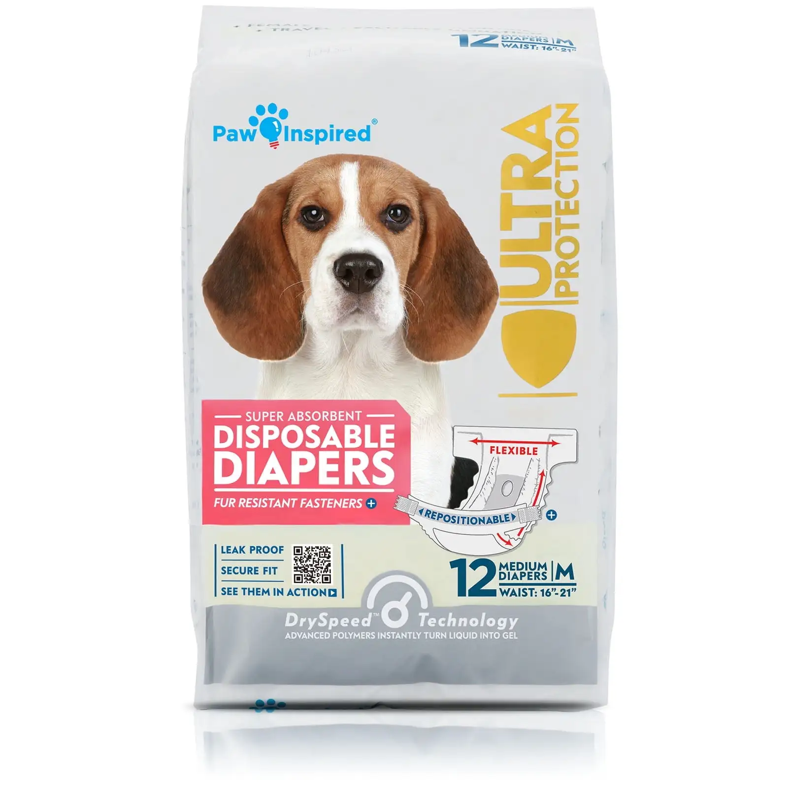 Paw Inspired Disposable Dog Diapers for Female | Puppy. Doggie. Pet. Cat Diapers | Diapers for Dogs in Heat Period. Diapers Pampers that Stay on for Senior. Incontinence. Training (Medium. 12 Count)