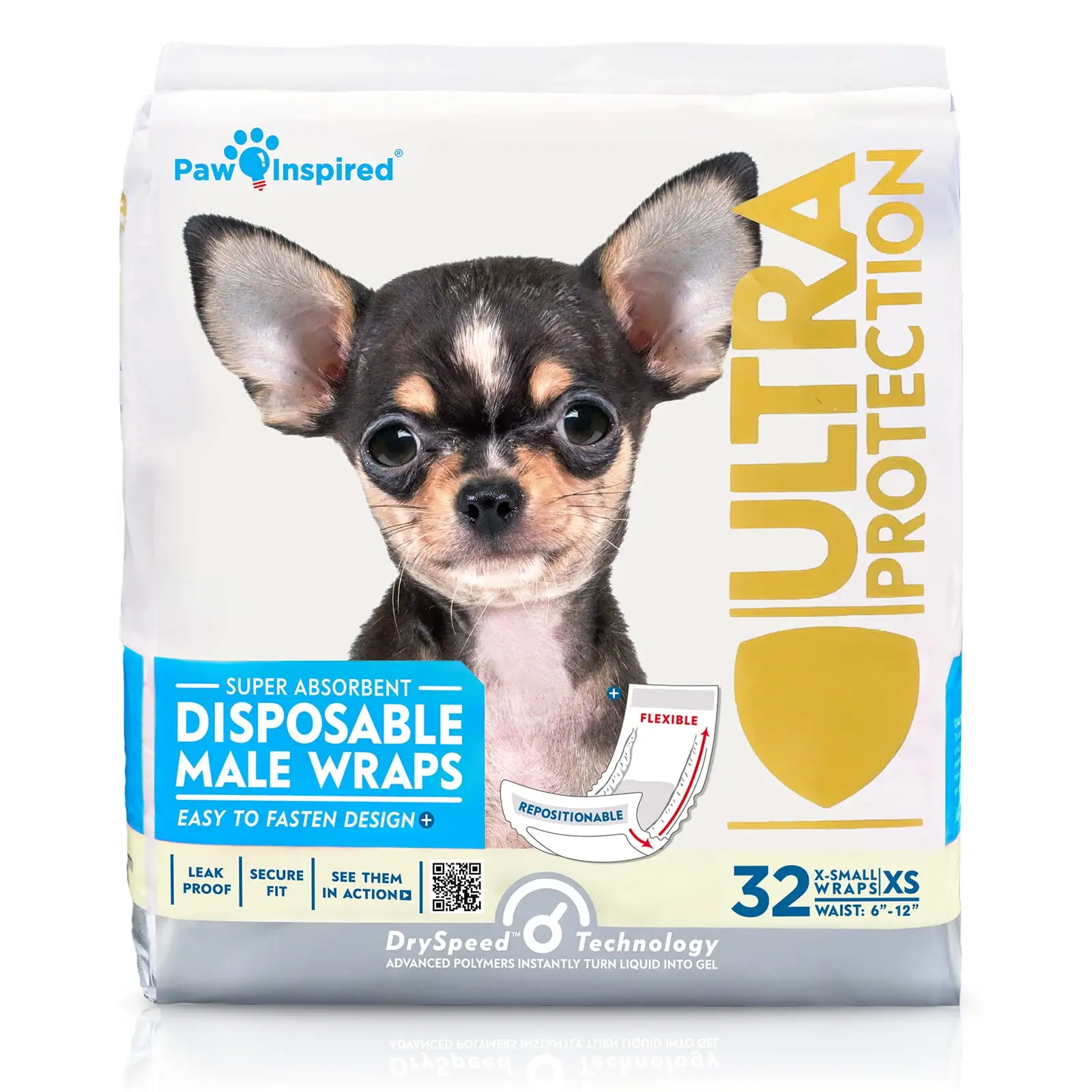 Paw Inspired Disposable Dog Wraps | Male Dog Diapers Ultra Protection | Belly Band for Male Dogs | Excitable Urination. Incontinence. or Male Marking (32 Count. X-Small)