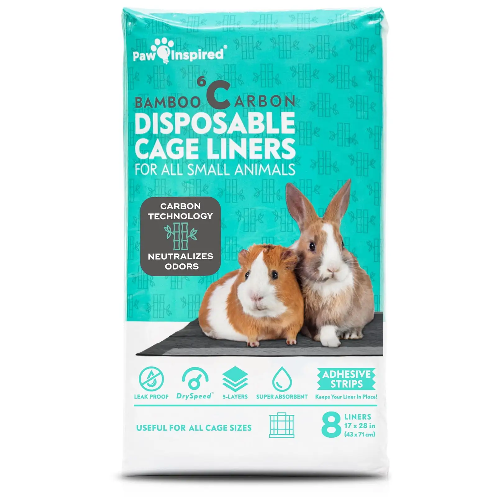 Paw Inspired Disposable Guinea Pig Habitat Cage Liners Beddings| Bamboo Charcoal Odor Controlling | Liners Pee Pads for Ferrets. Rabbits. Hamsters. Small Animals (28x17 (C&C 2 x 1). 8 Count)