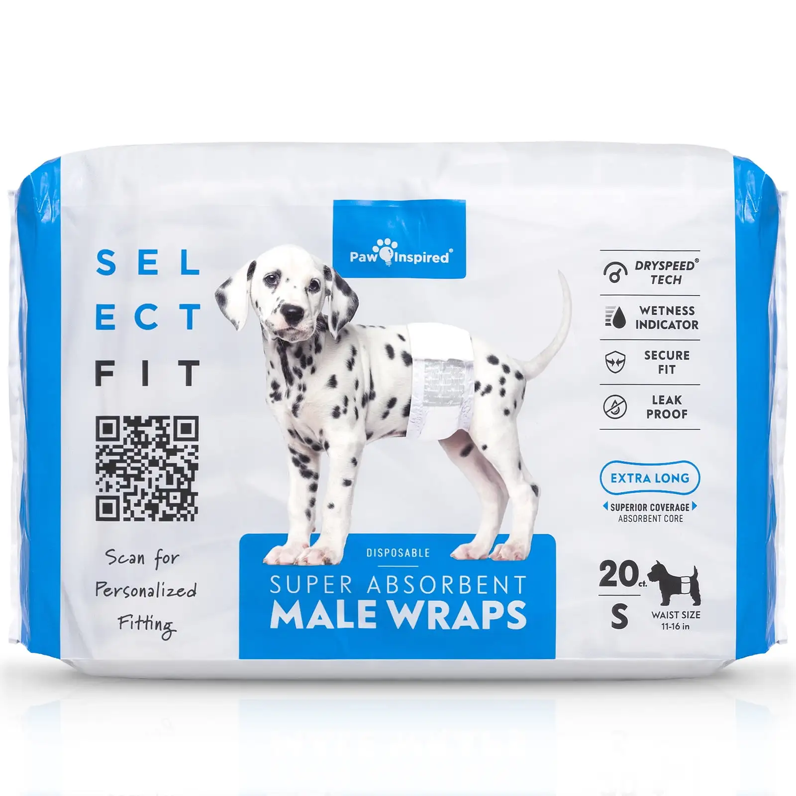 Paw Inspired Select Fit Disposable Male Wrap | Belly Band for Male Dogs with Extended Absorbent Core and Wetness Indicator (Small. 20 Count)