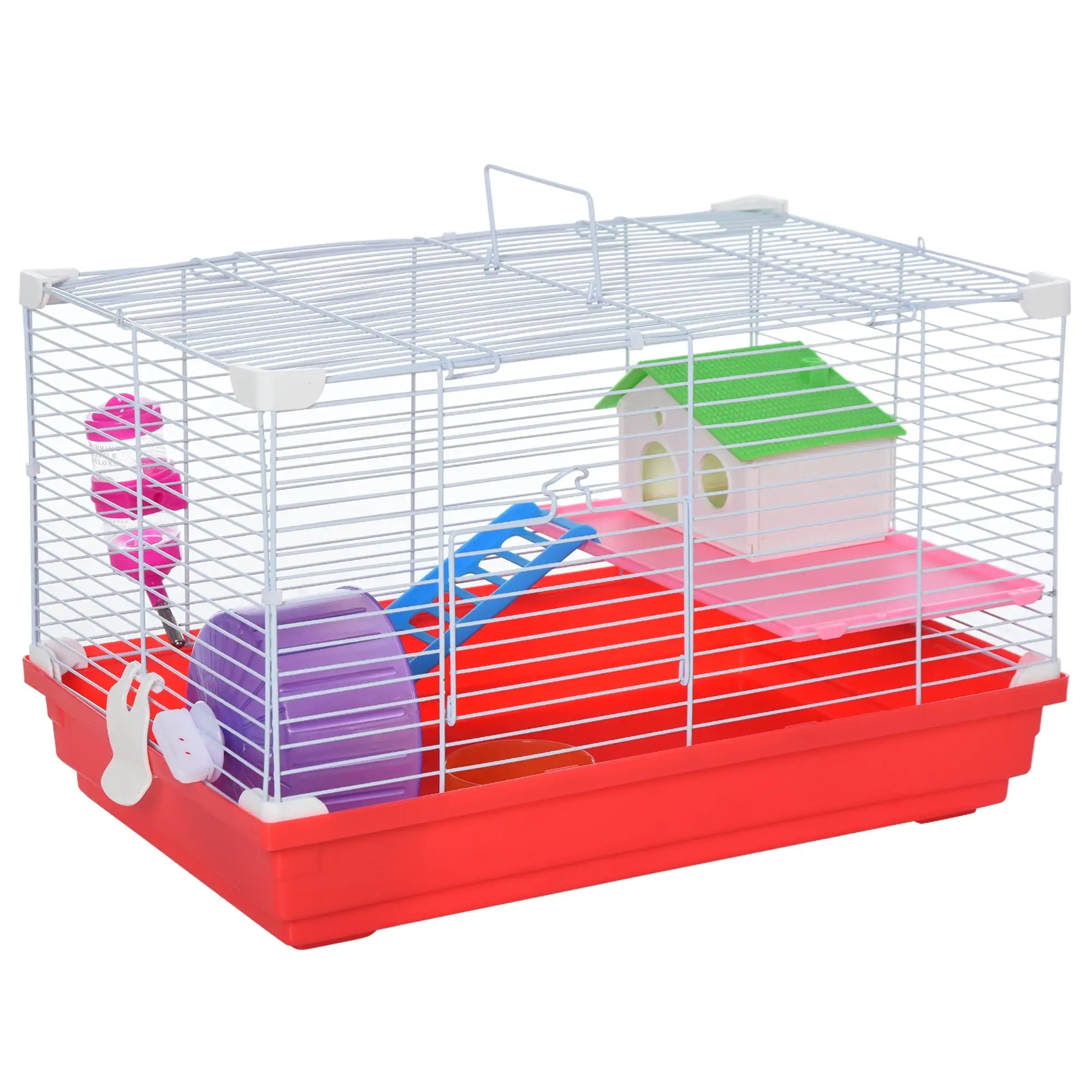 PawHut 18.5 2-Tier Hamster Cage with Wheel and Water Bottle. Red