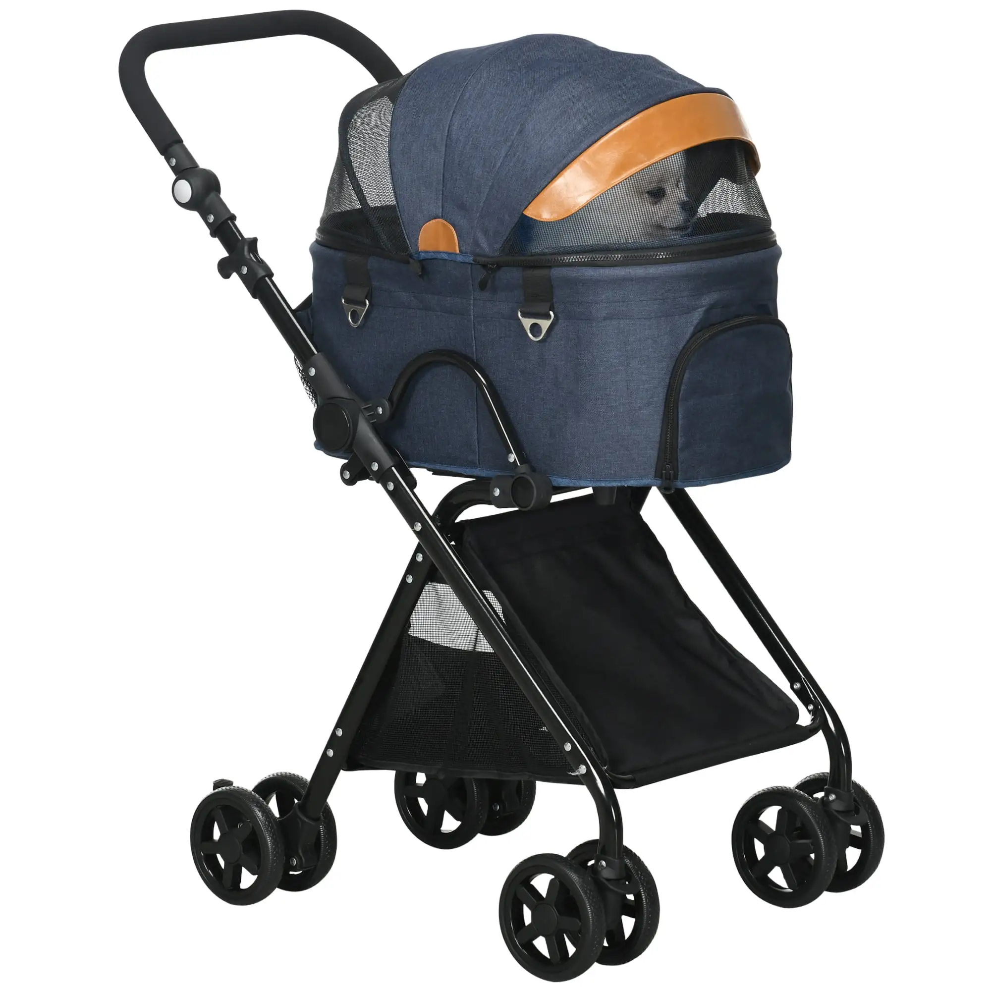 PawHut 2 in1 Foldable Pet Stroller and Detachable Travel Carriage with Lockable Wheels. Adjustable Handlebar Canopy and Zippered Mesh Window Blue