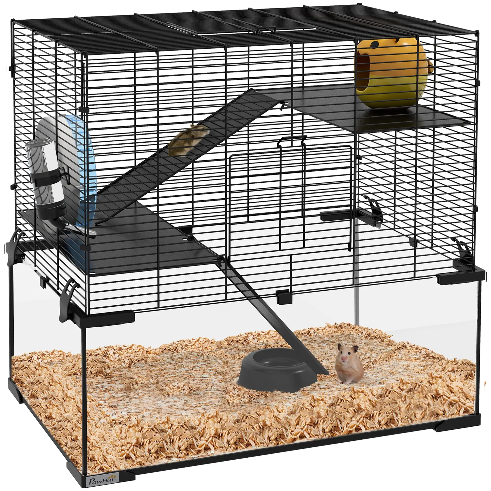 PawHut 23.5 Hamster Cage. Gerbil Cage with Glass Basin for Small Hamsters