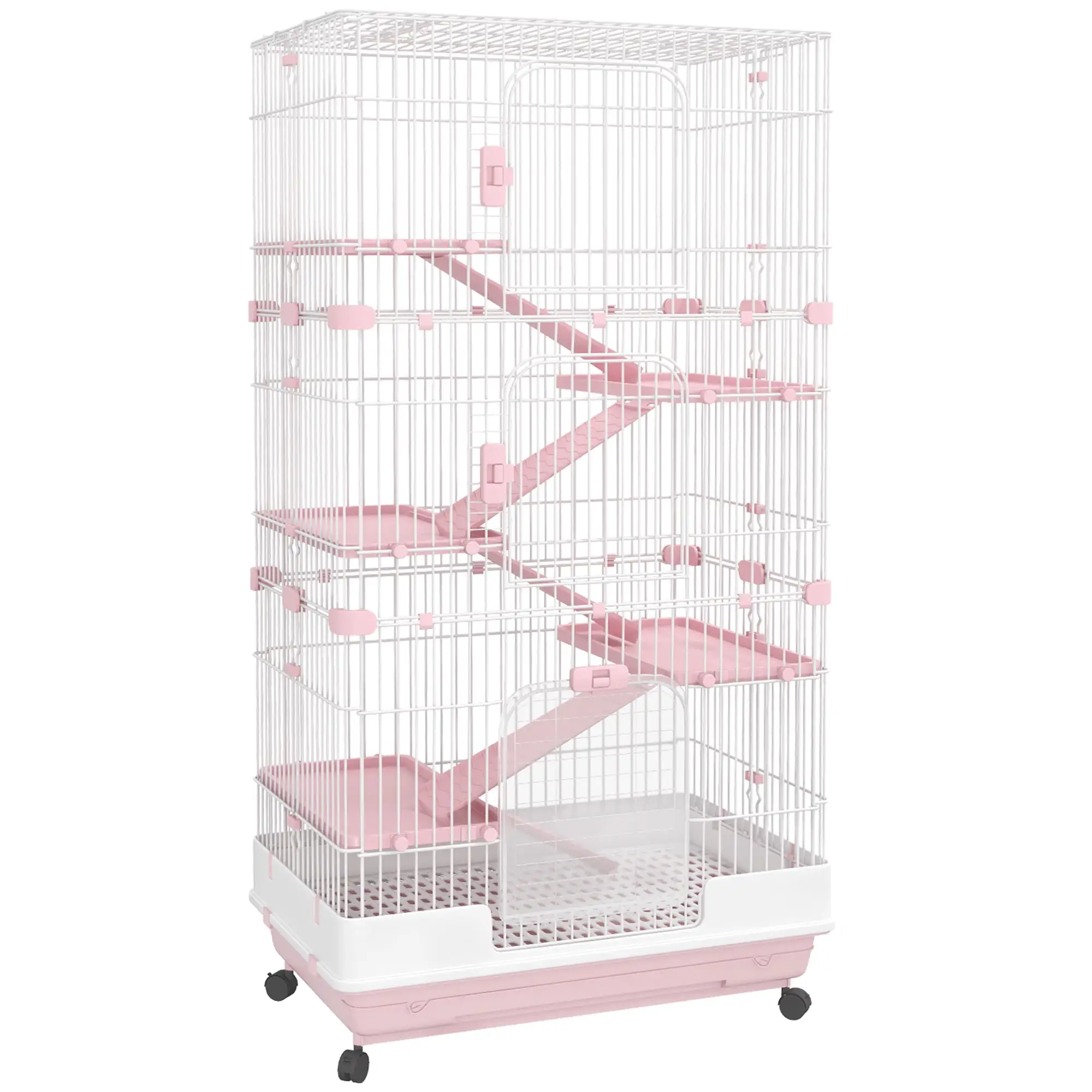 PawHut 32L 6-Level Small Animal Cage with Lockable Wheels. Tray. Pink