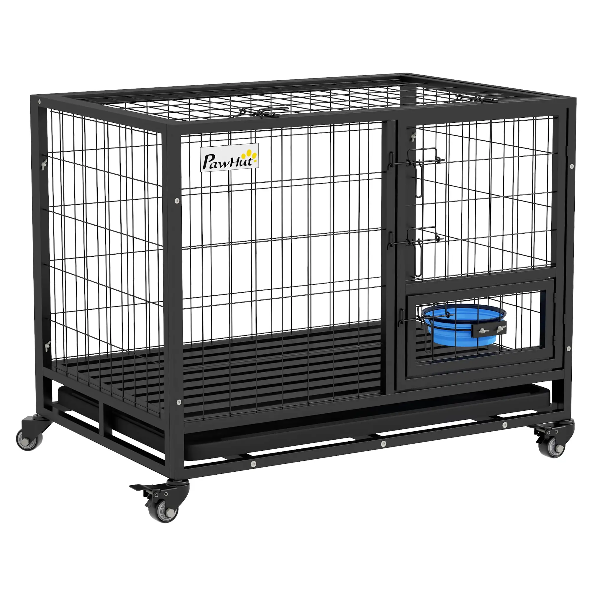 PawHut 36 Dog Crate with Bowl Holder. Wheels for Med/Large Dogs. Black